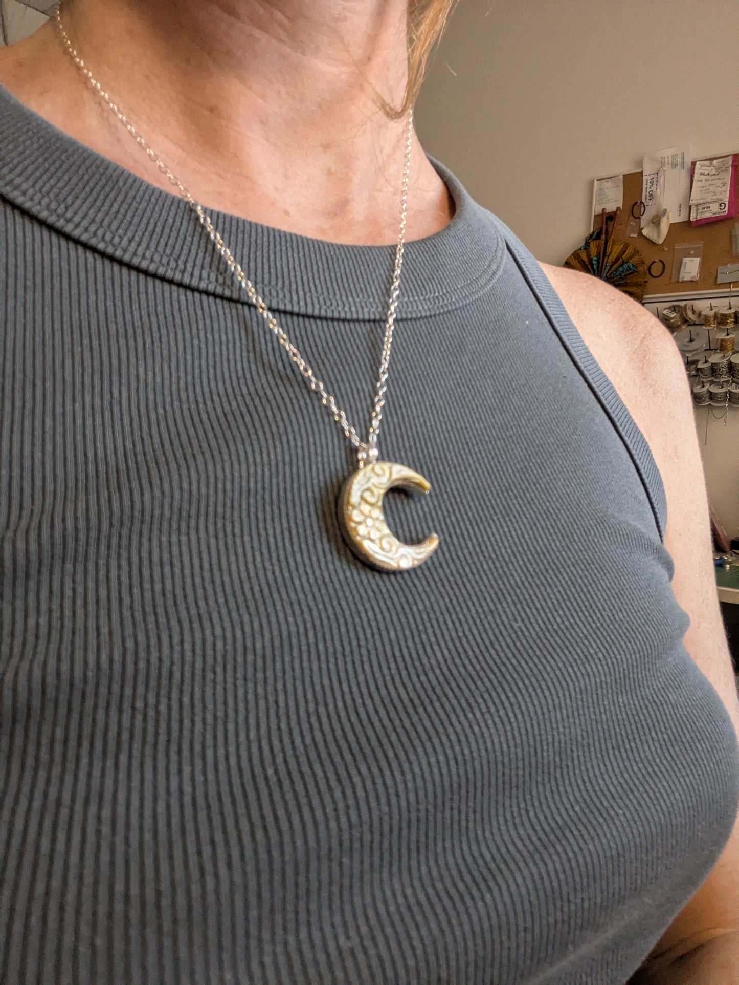 Carved Mother of Pearl Crescent Moon Sterling Silver Necklace