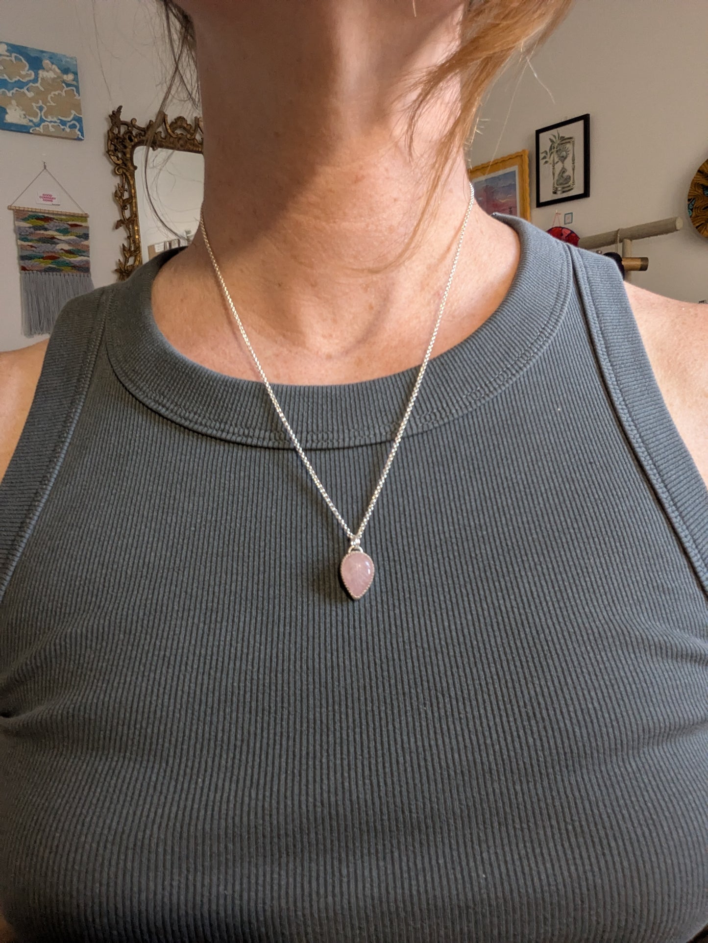 Carved Leafy Rose Quartz Sterling Silver Necklace