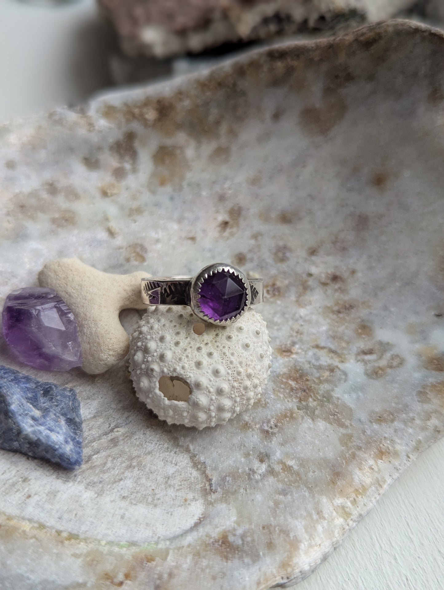 Faceted Round Amethyst Sterling SIlver Ring - Size 8.5