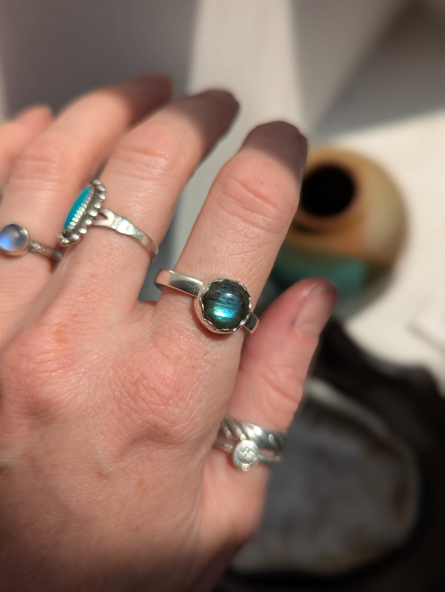 Labradorite Round Sterling Silver Ring - Size 9.5