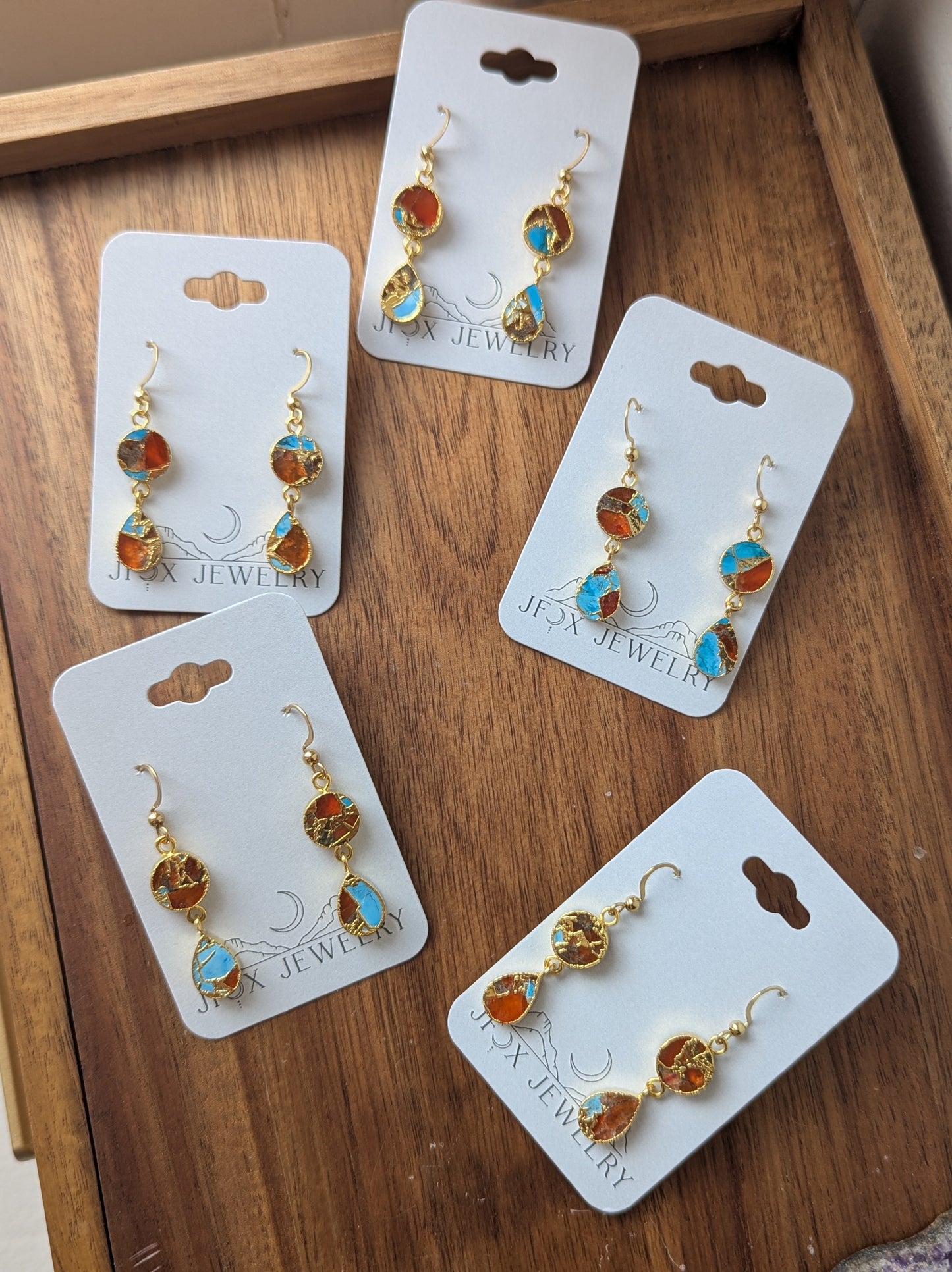 Orange and Turquoise Gold Mosaic Duo Earrings