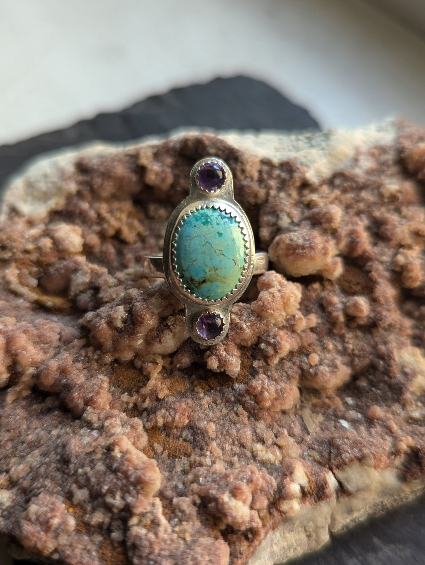 Turquoise and Amethyst Trio Sterling Ring - Size 6