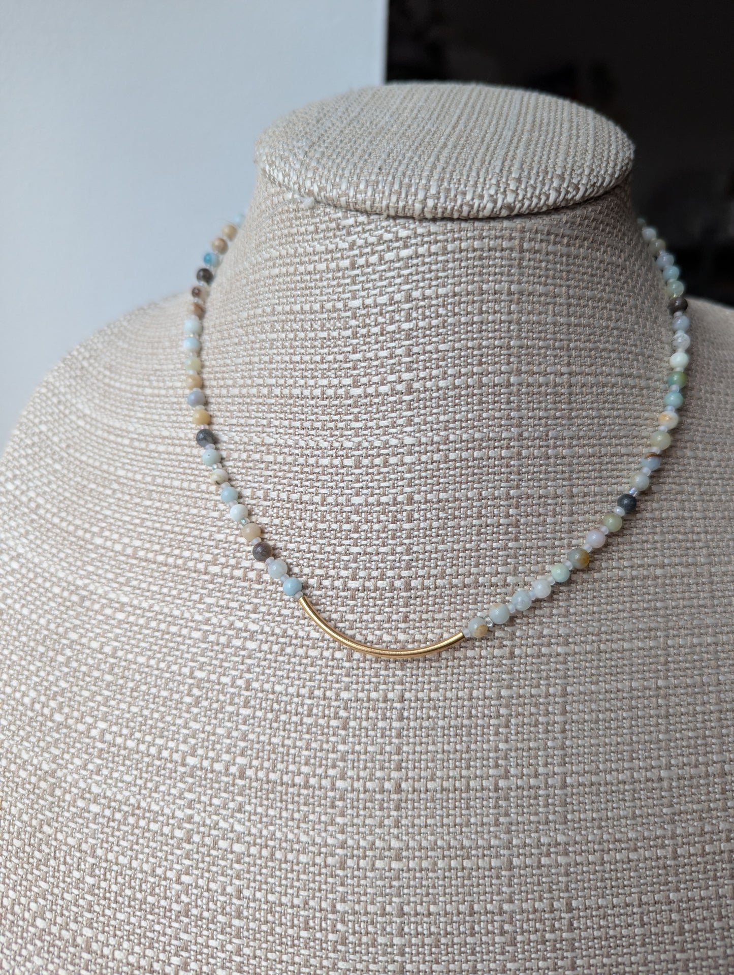 Amazonite Curved Bar Beaded Necklace (silver or gold)