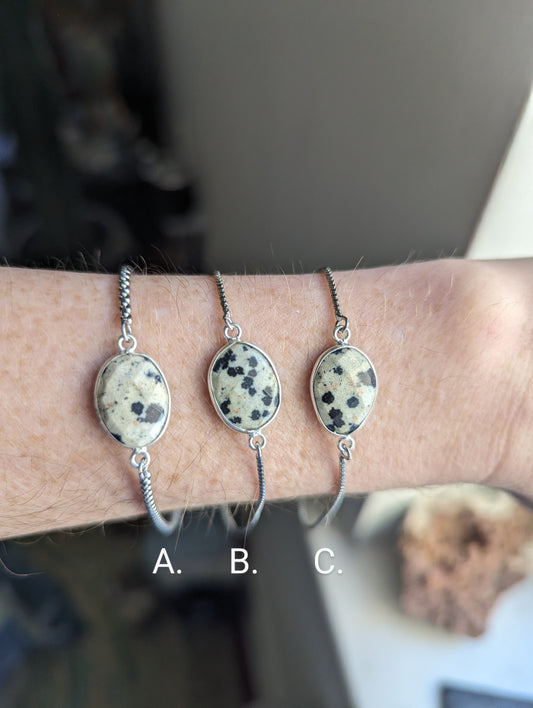 Dalmatian Jasper Adjustable Slide Bracelet - Silver