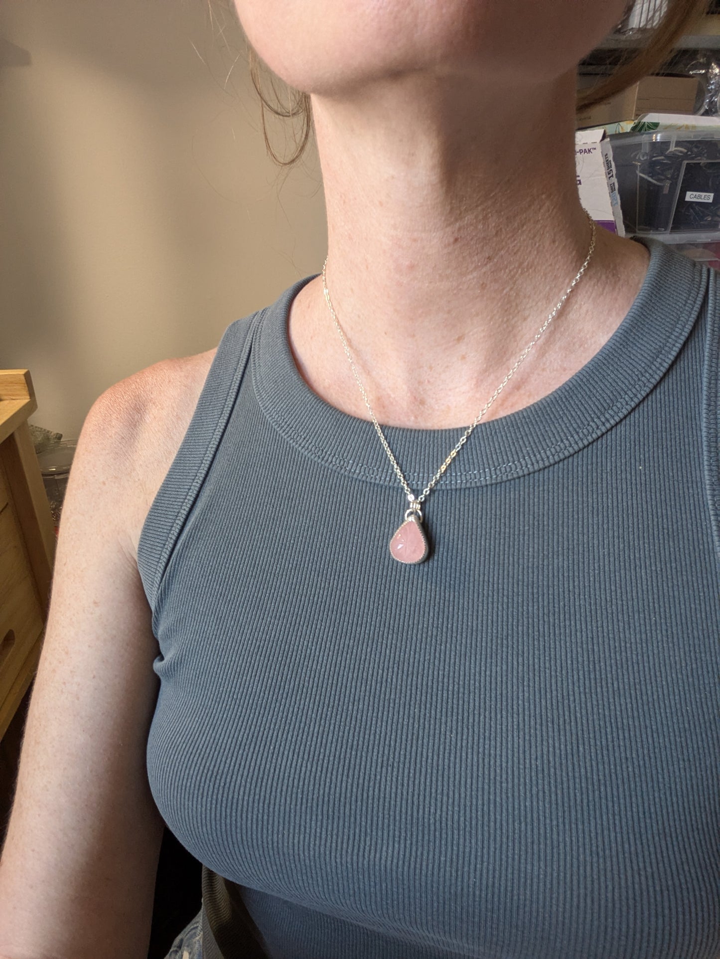 Carved Floral Rose Quartz Tear Drop Sterling Silver Necklace