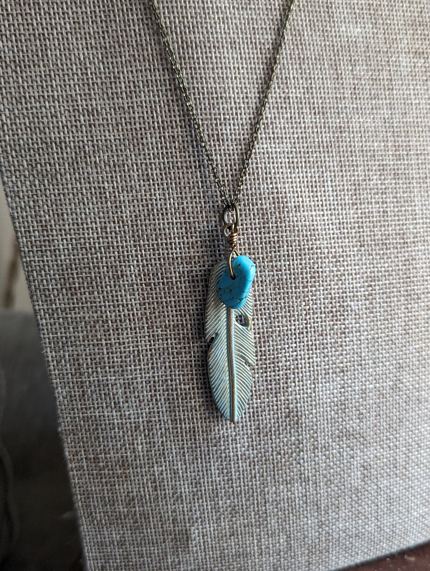 Gold-Brass Feather with Turquoise Necklace