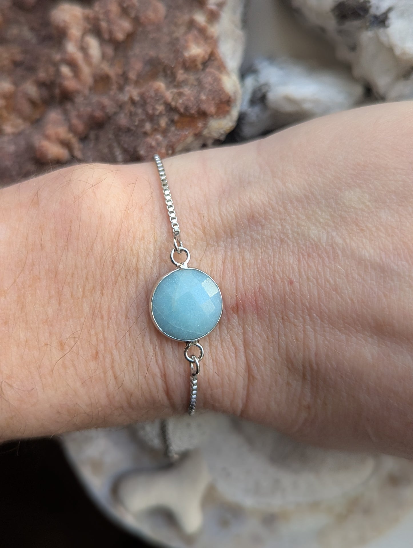 Faceted Round Amazonite Silver Slider Bracelet