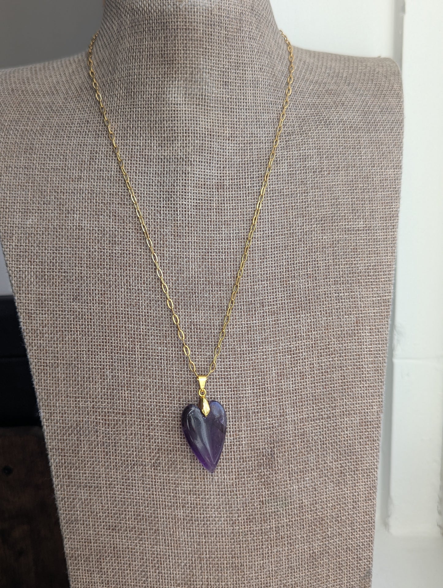 Amethyst Heart Gold Paperclip Necklace