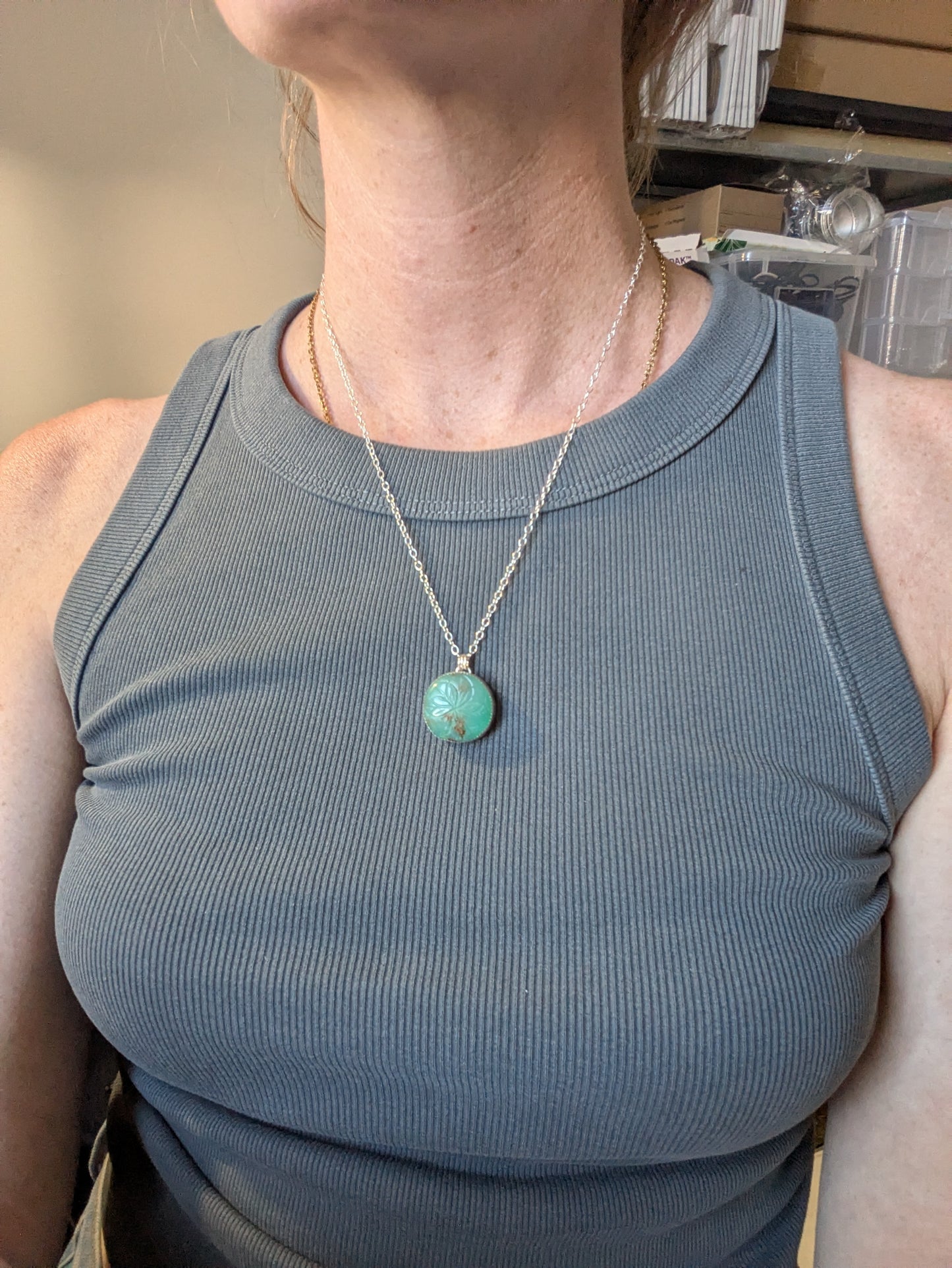 Carved Floral Mandala Chrysoprase Sterling Silver Necklace