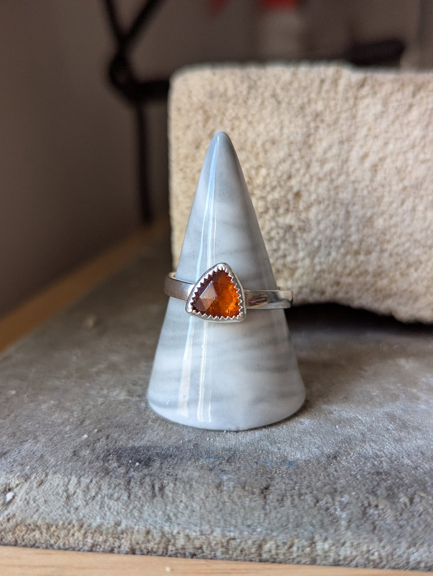 Faceted Orange Kyanite Trillion Silver Ring - Size 7 + 11