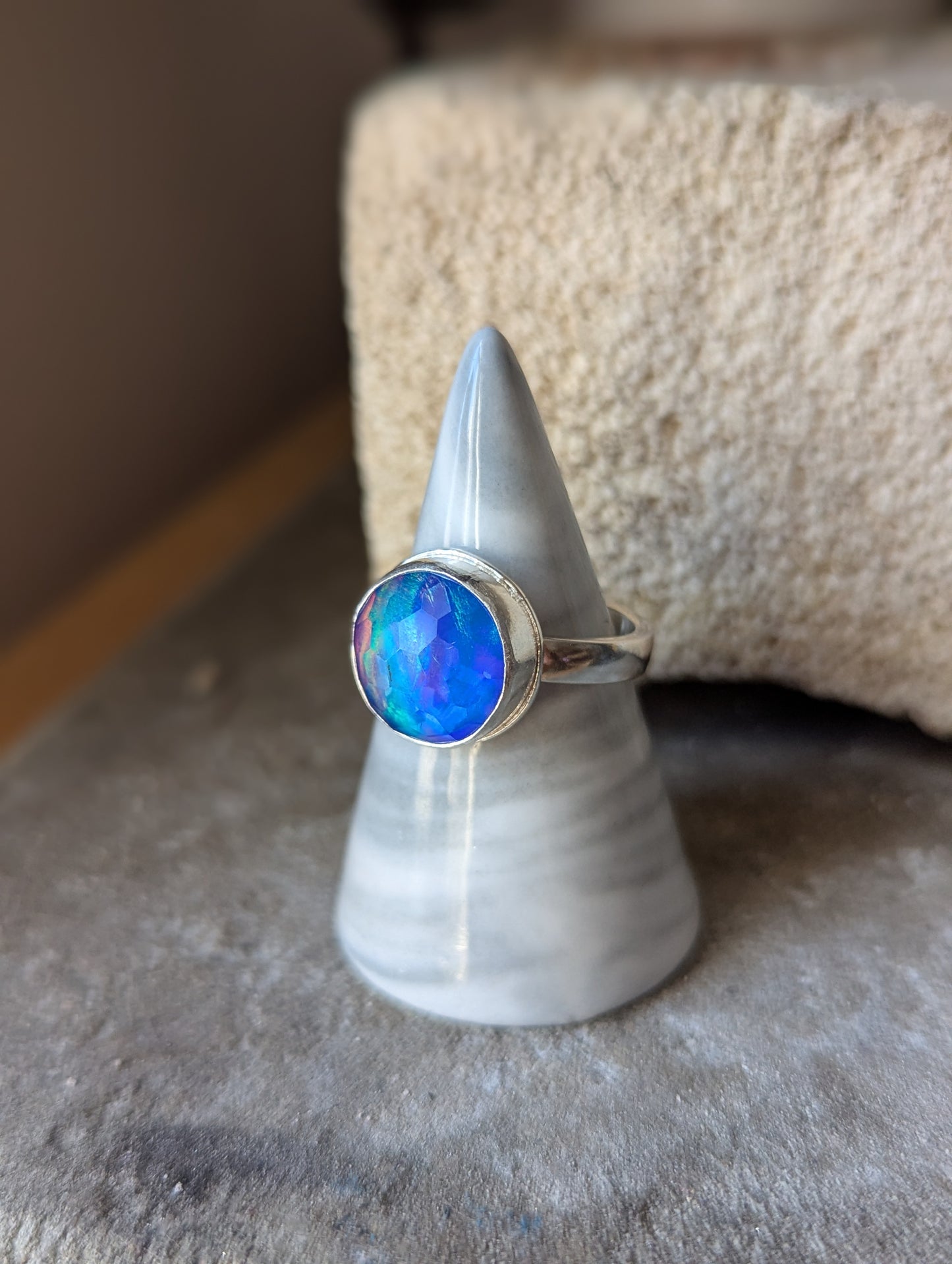 Faceted Blue Aurora Opal Round Sterling Ring - Size 8