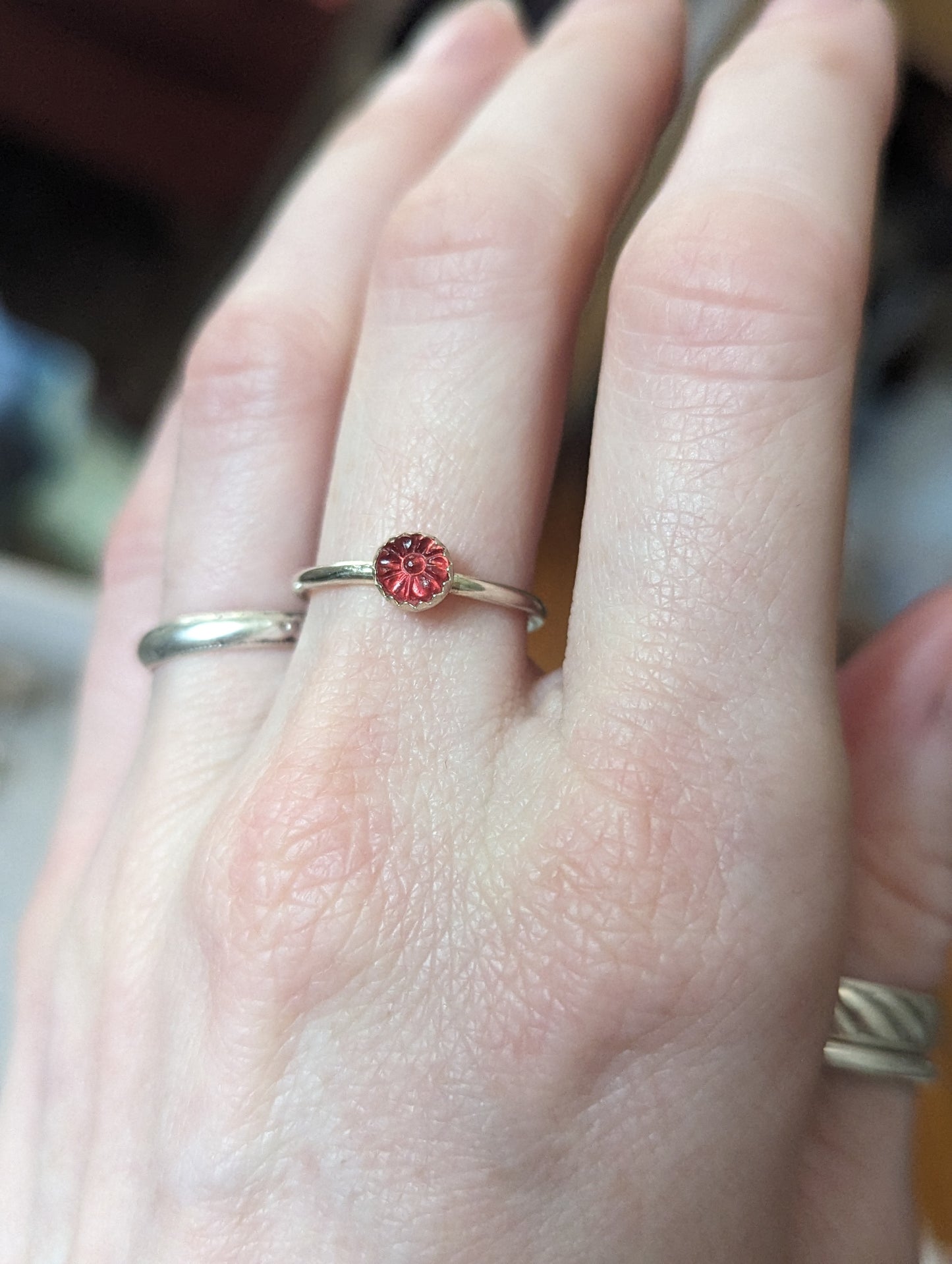 Vintage Glass Carved Flower Ring (various sizes available) MTO