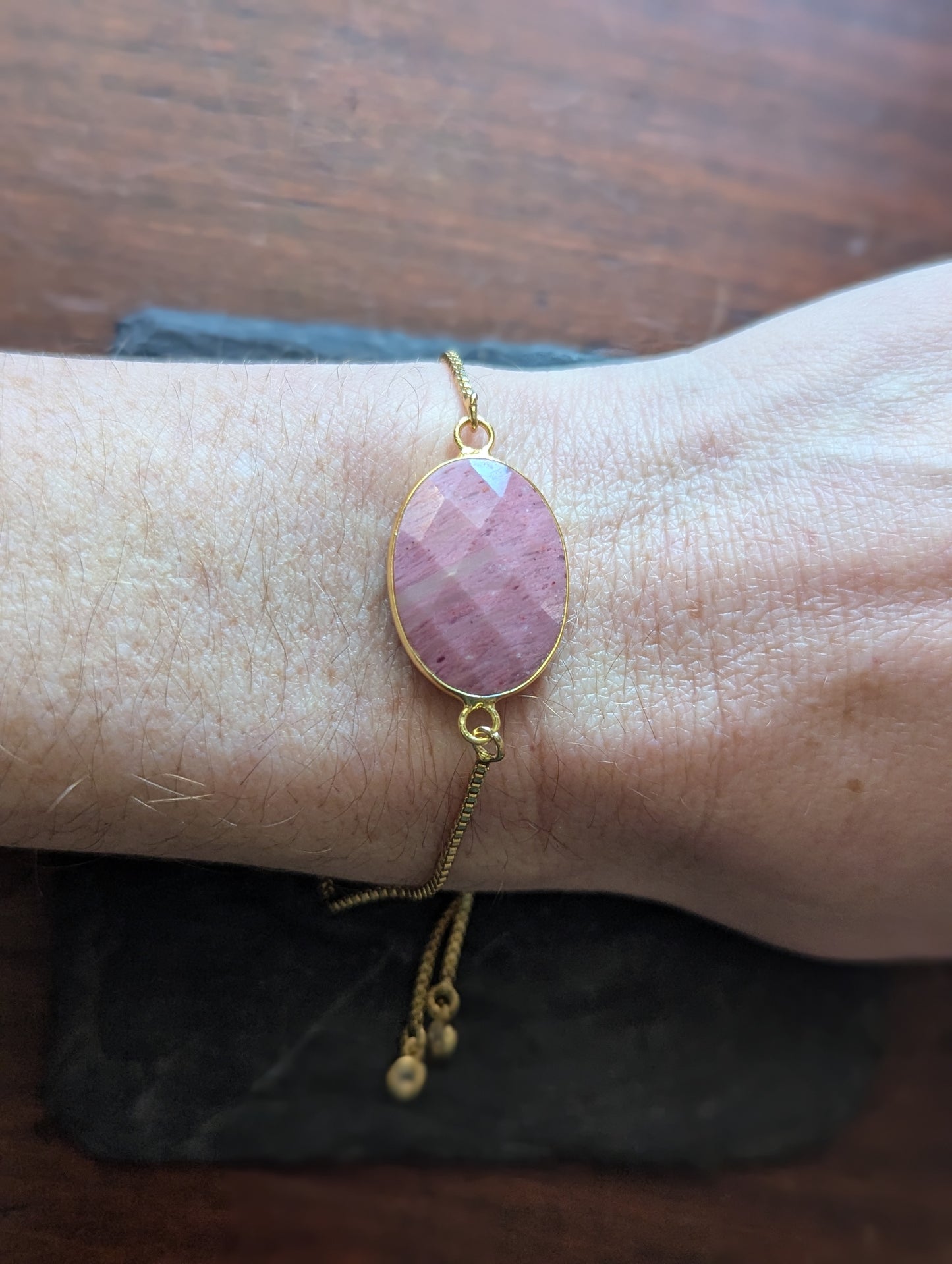 Faceted Rhodochrosite Adjustable Slide Bracelet (Silver or Gold)