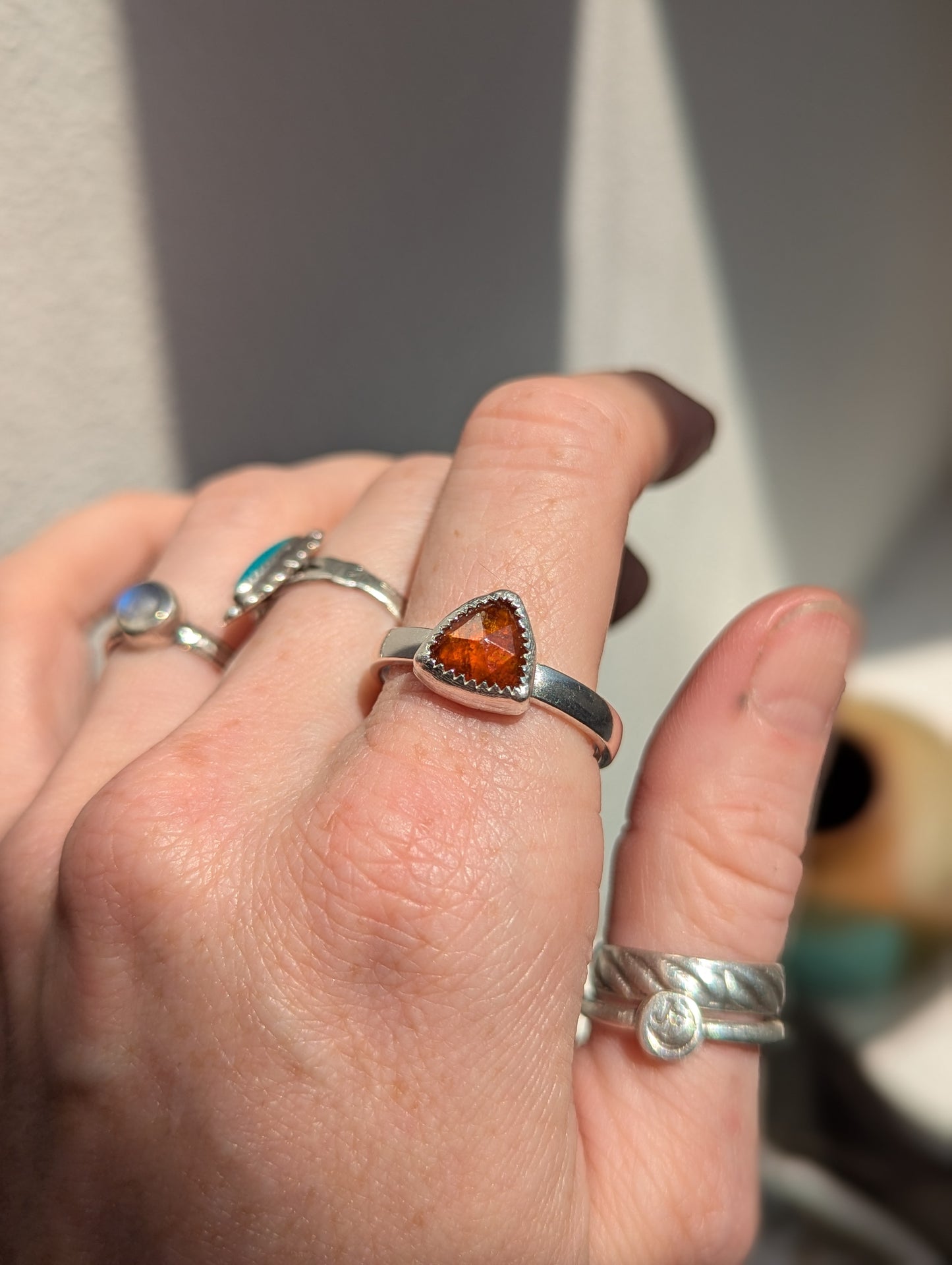 Faceted Orange Kyanite Trillion Silver Ring - Size 7 + 11