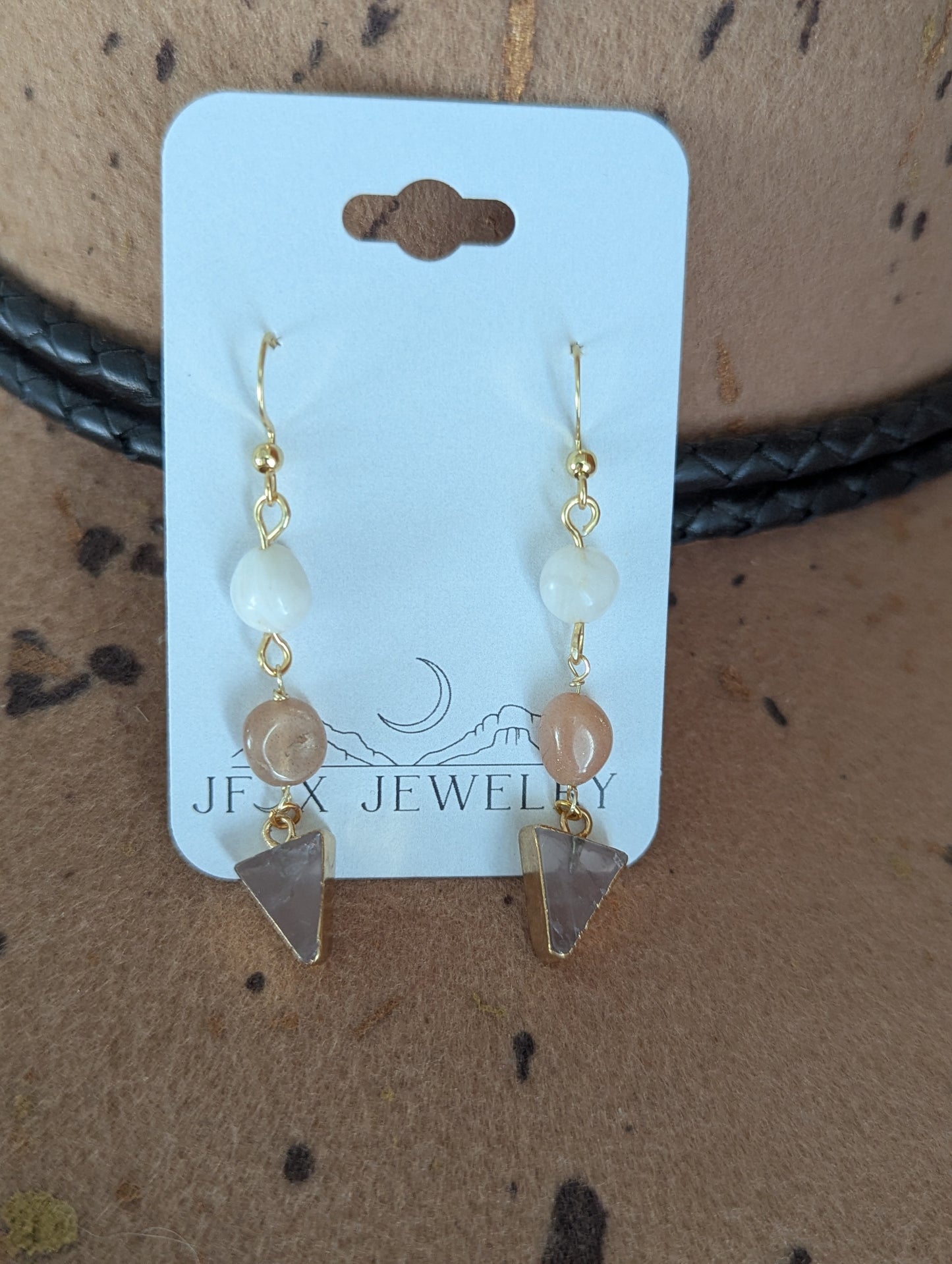 Mixed Moonstone Rose Quartz Gold Earrings