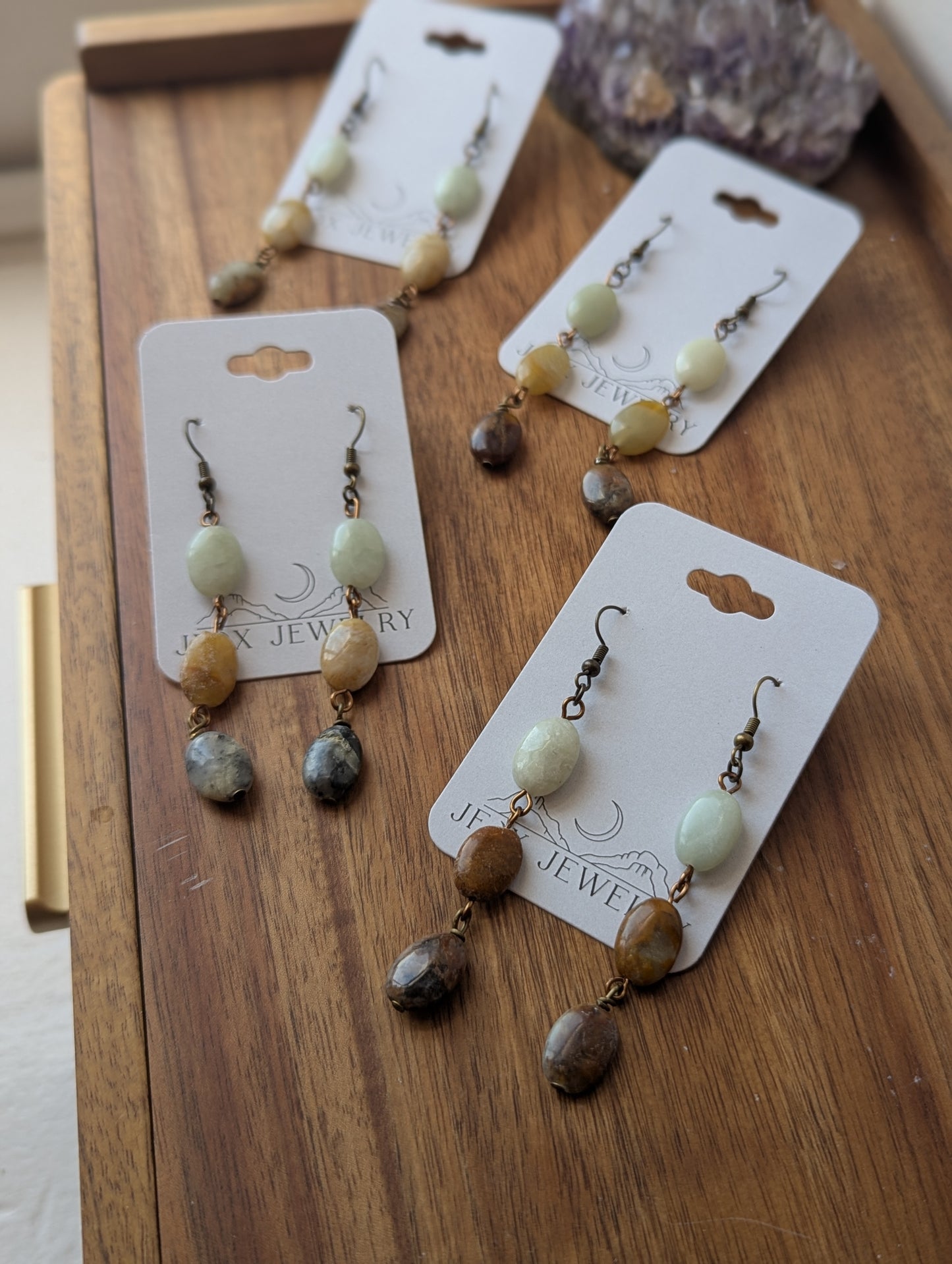 Amazonite Oval Trio Brass Earrings