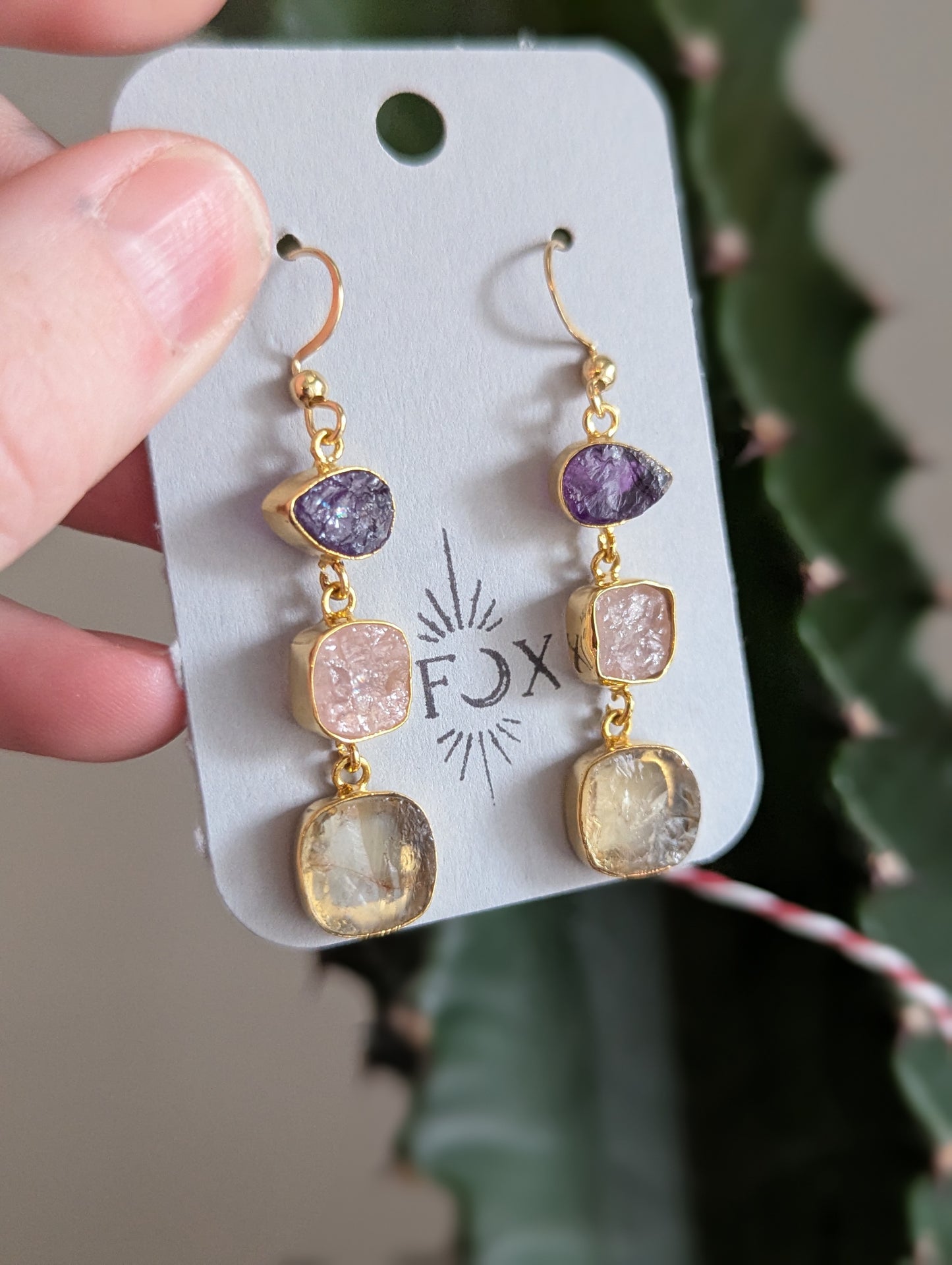 Raw Gemstone Trio Gold Earrings