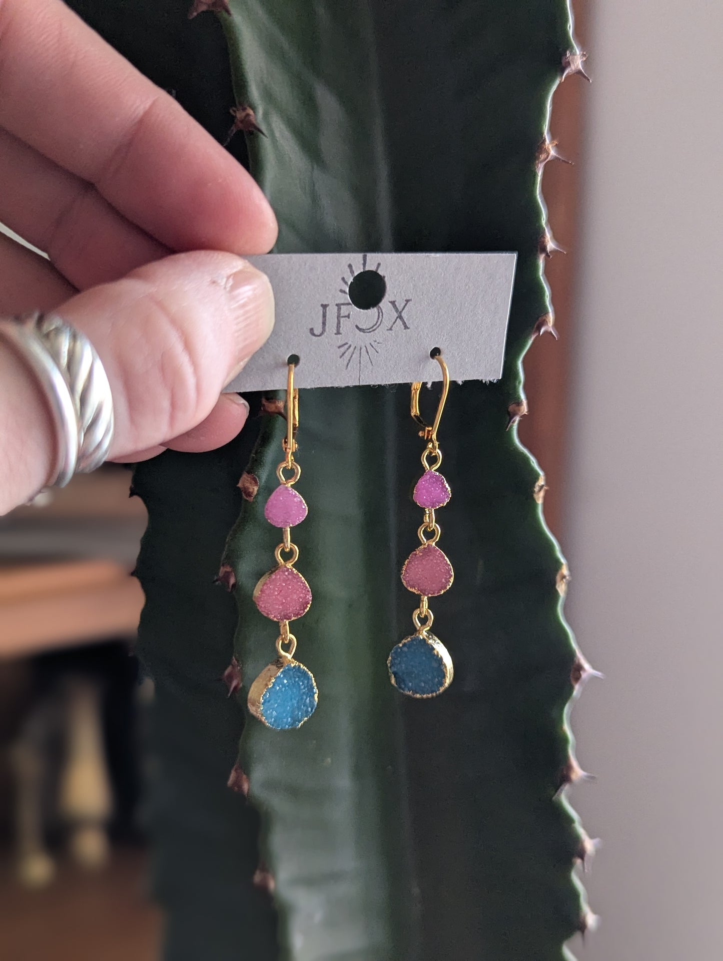 Pink, Blue, Red Druzy Trio Gold Hoop Earrings