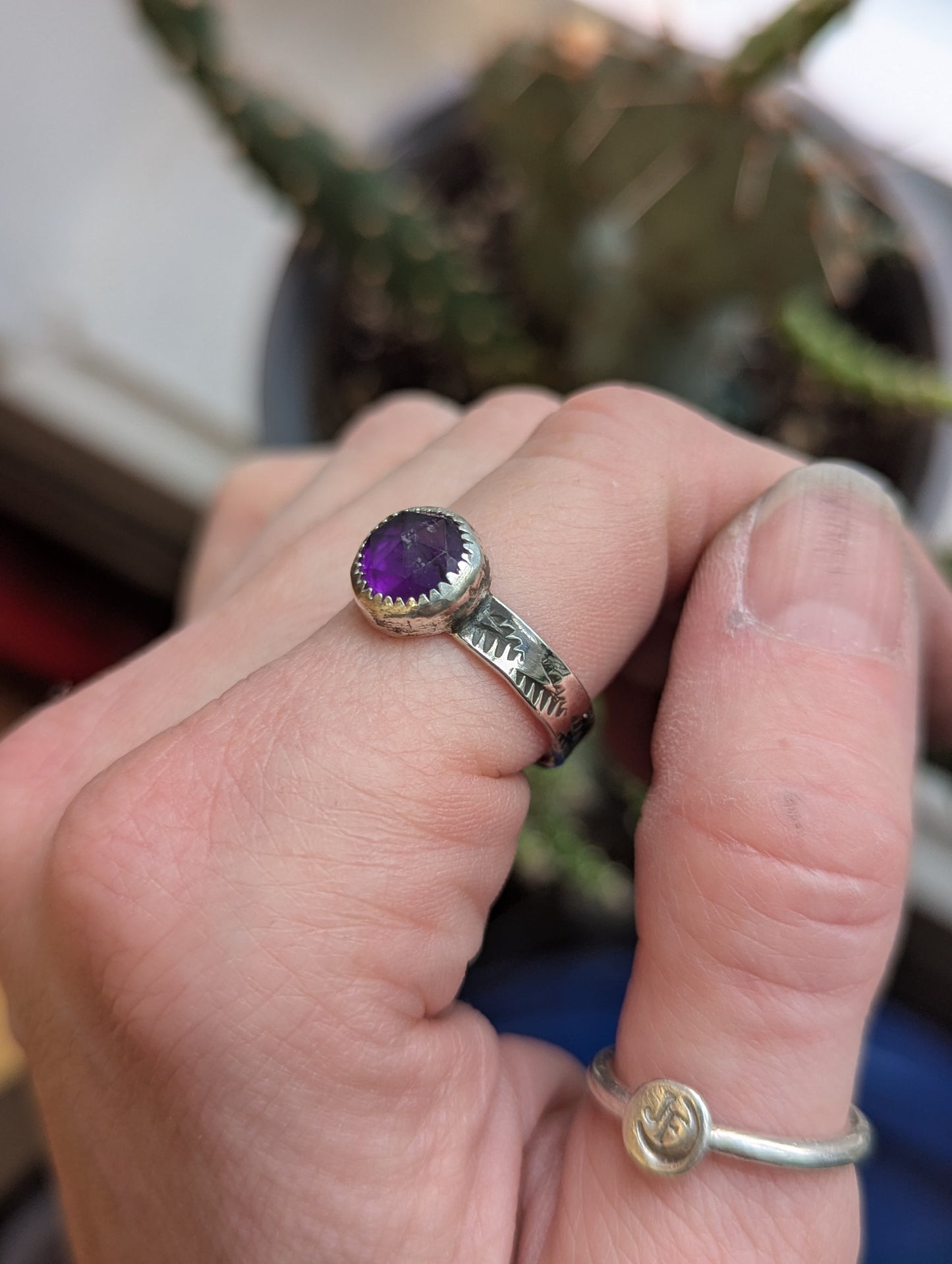 Faceted Round Amethyst Sterling SIlver Ring - Size 8.5