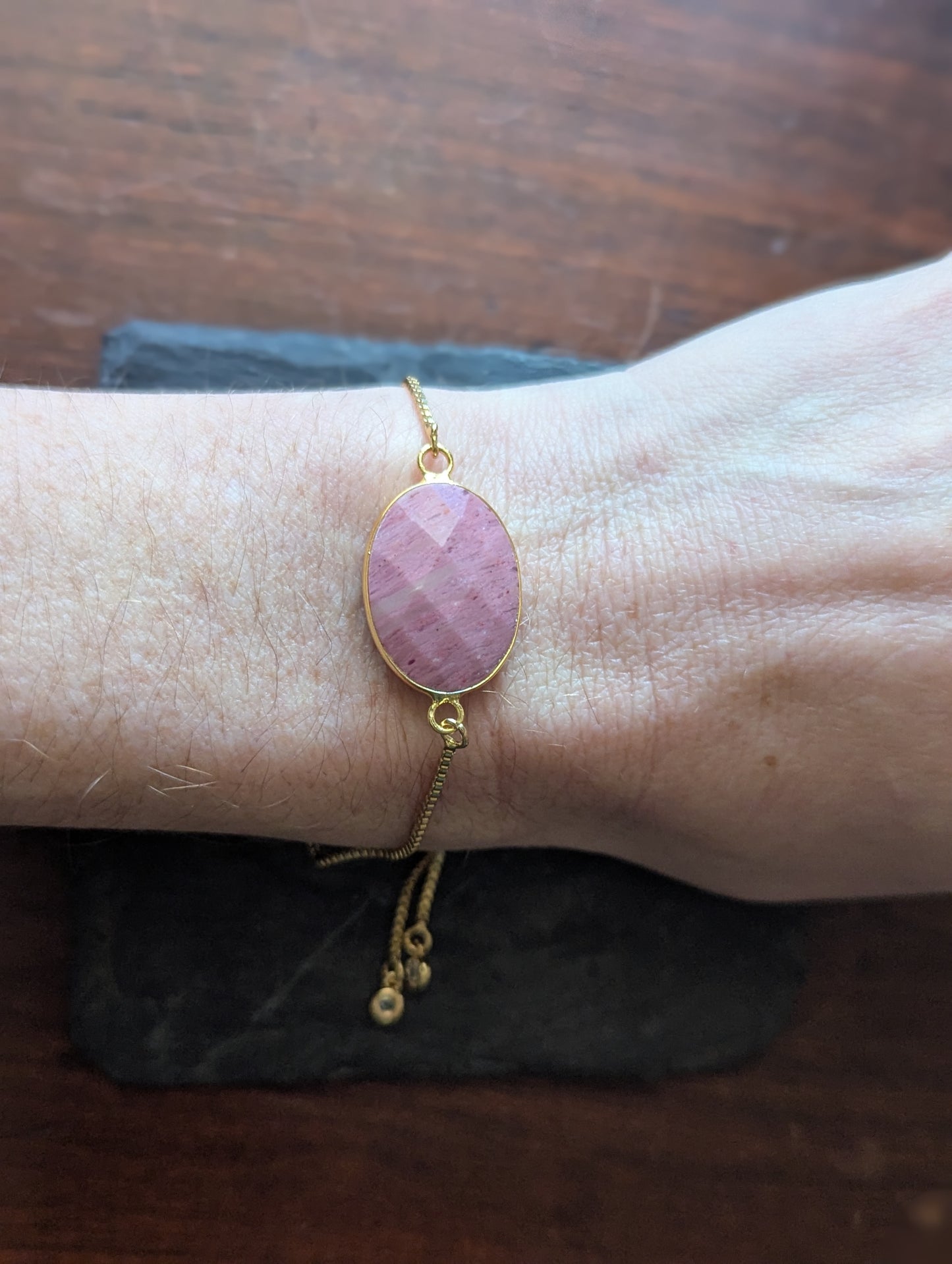 Faceted Rhodochrosite Adjustable Slide Bracelet (Silver or Gold)