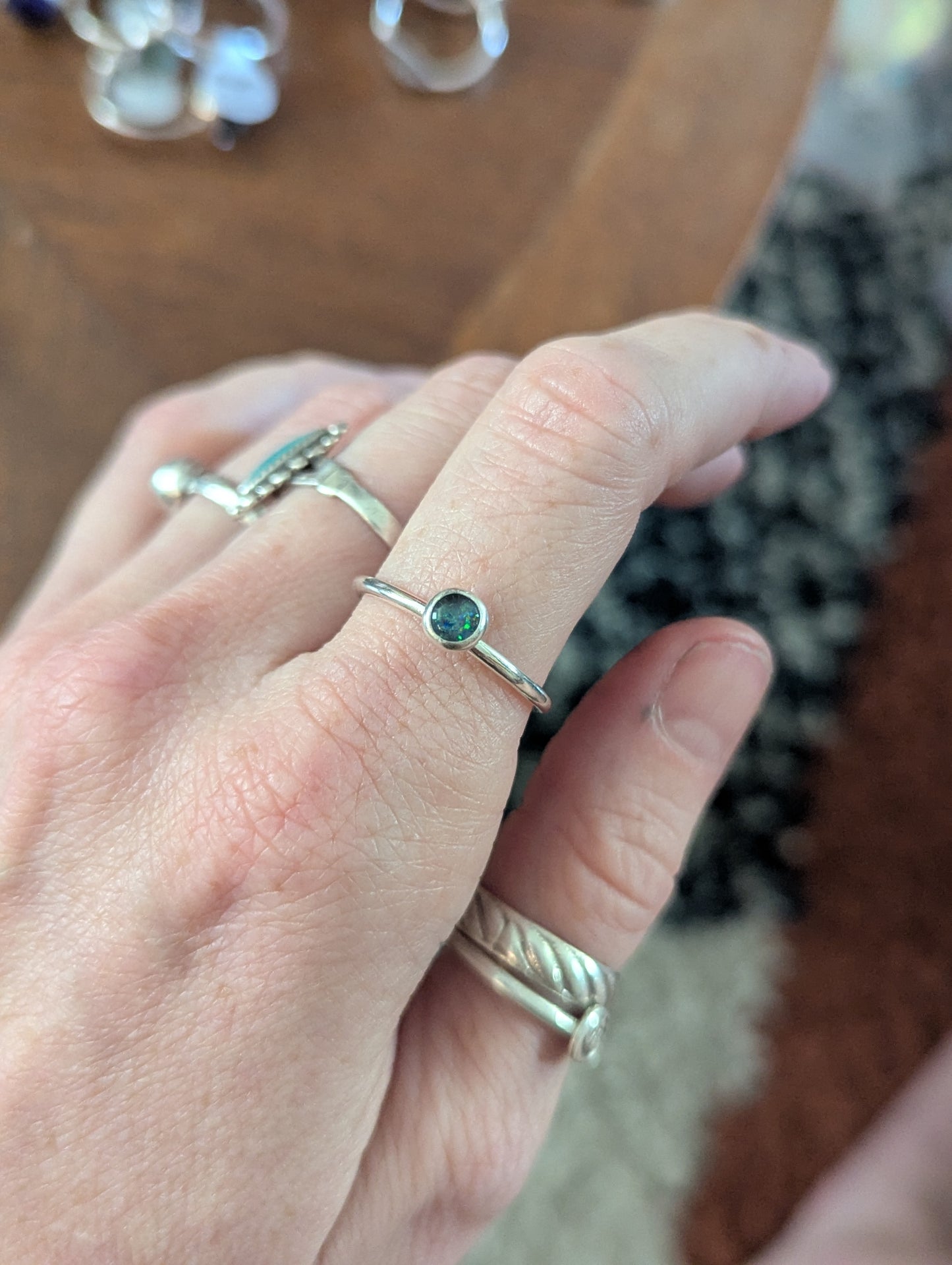 5mm Blue Green Opal Silver Stacker Ring (Ready to Ship) Size 8.5, 11