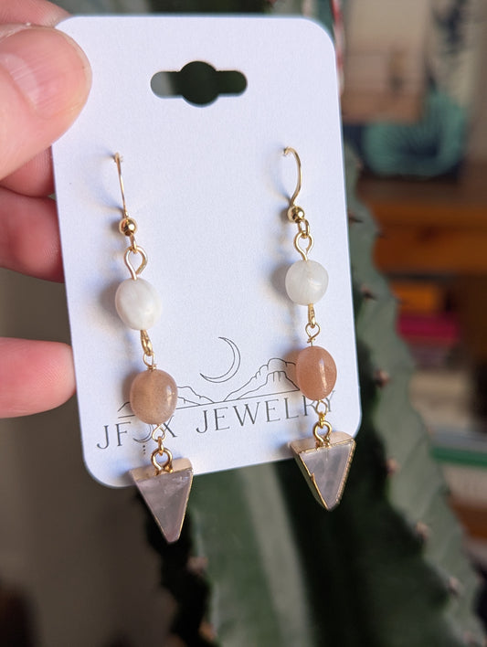 Mixed Moonstone Rose Quartz Gold Earrings