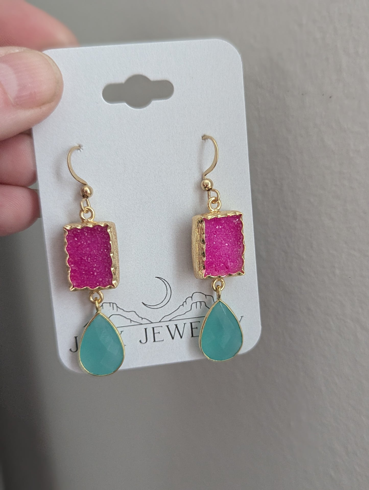 Hot Pink Druzy and Aqua Chalcedony Gold Earrings