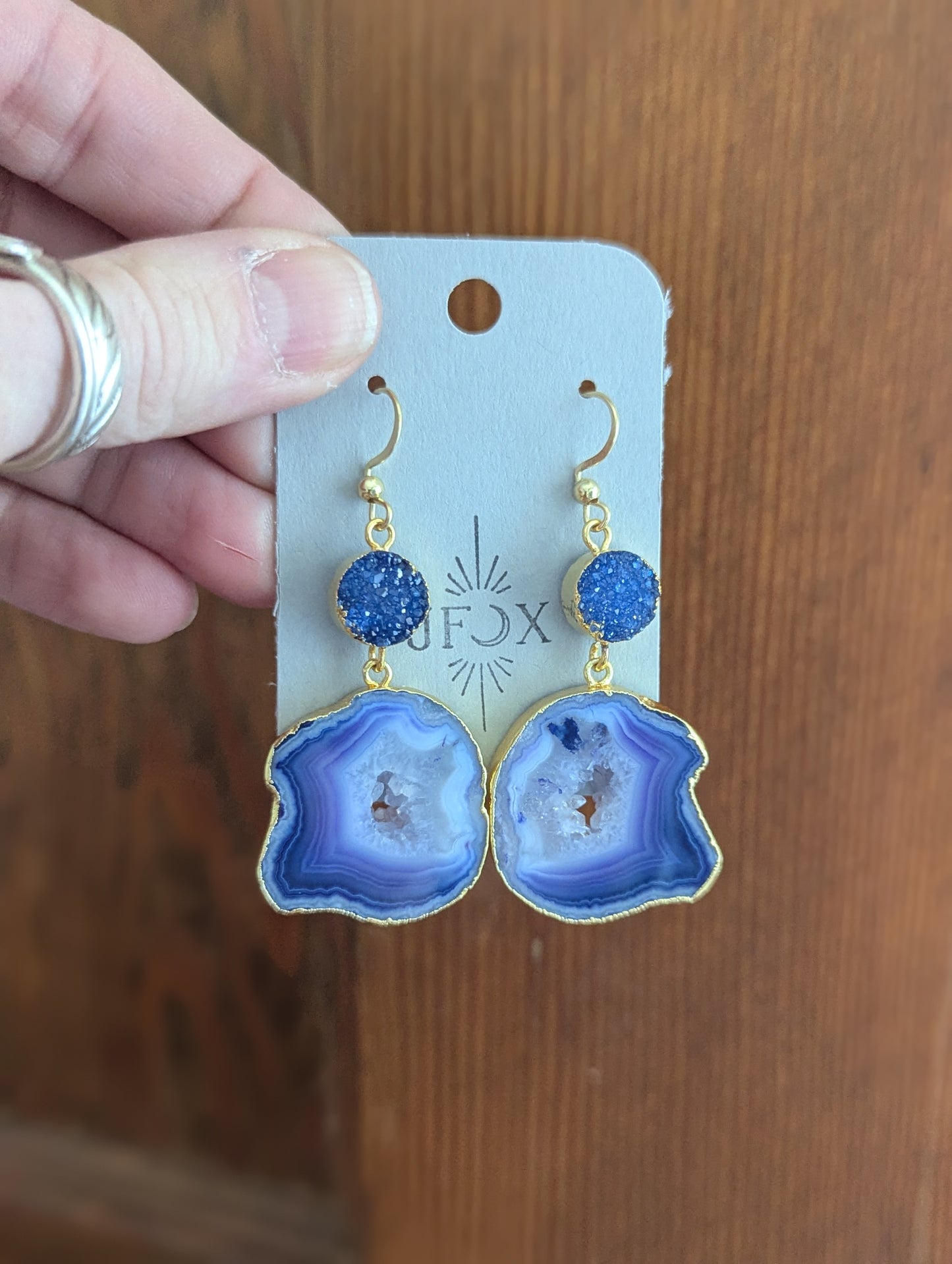 Blue Druzy and Agate Gold Earrings