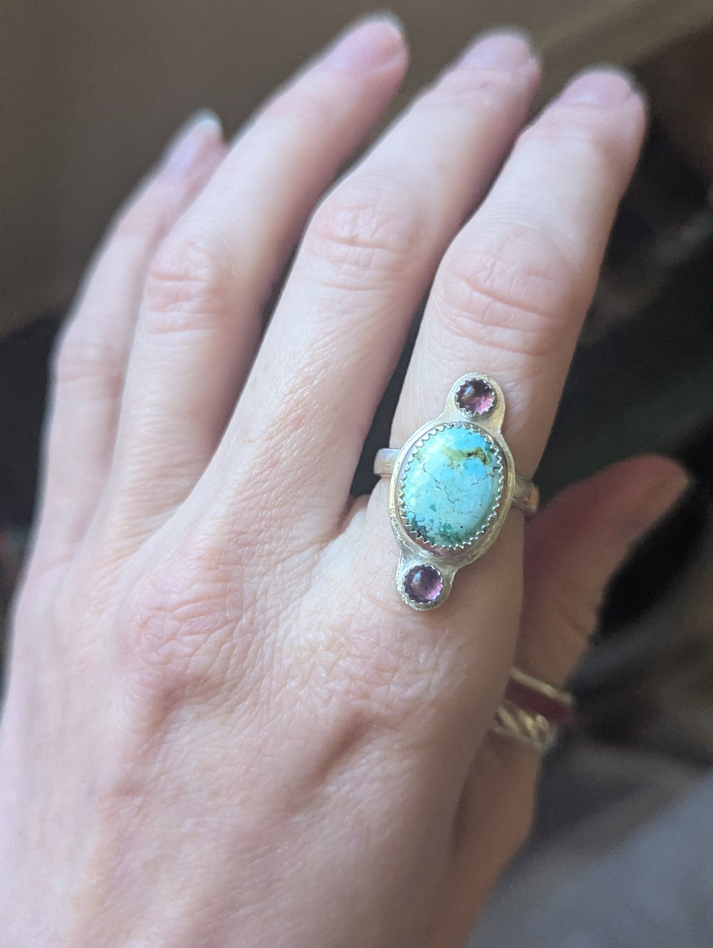 Turquoise and Amethyst Trio Sterling Ring - Size 6