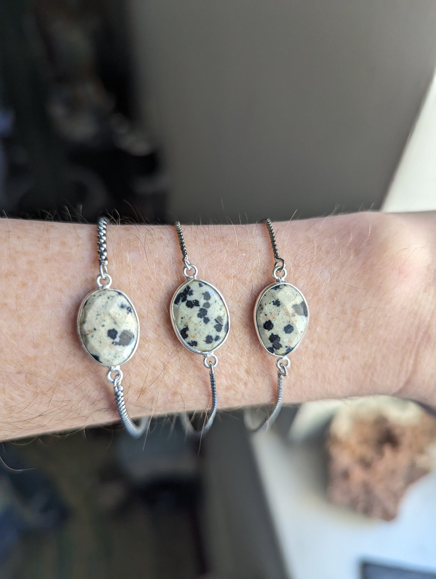 Dalmatian Jasper Adjustable Slide Bracelet - Silver