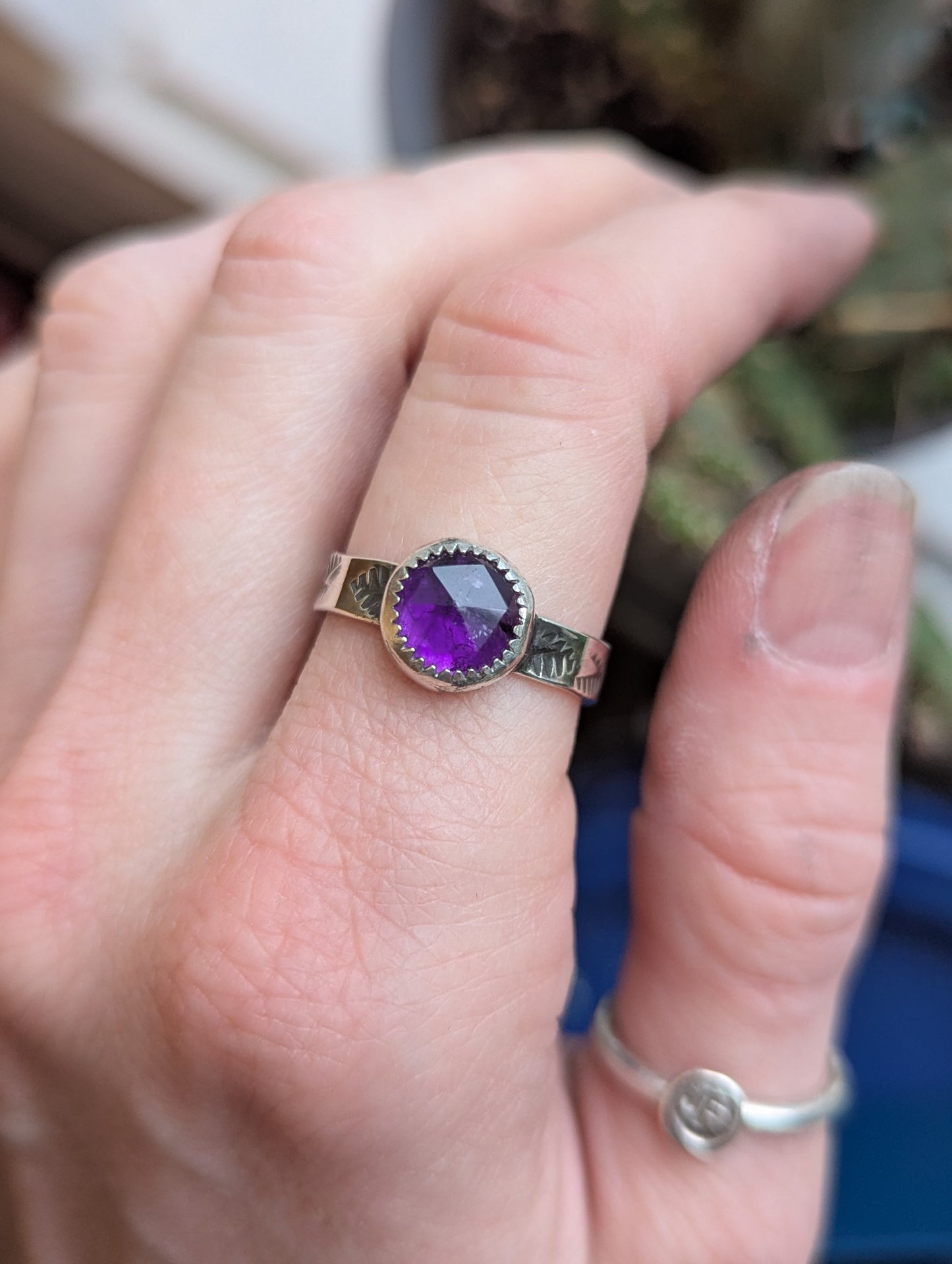 Faceted Round Amethyst Sterling SIlver Ring - Size 8.5