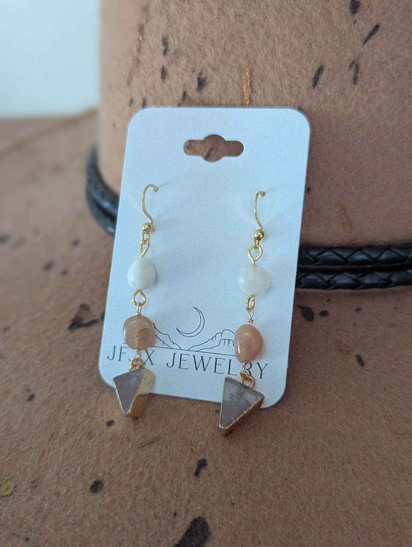 Mixed Moonstone Rose Quartz Gold Earrings