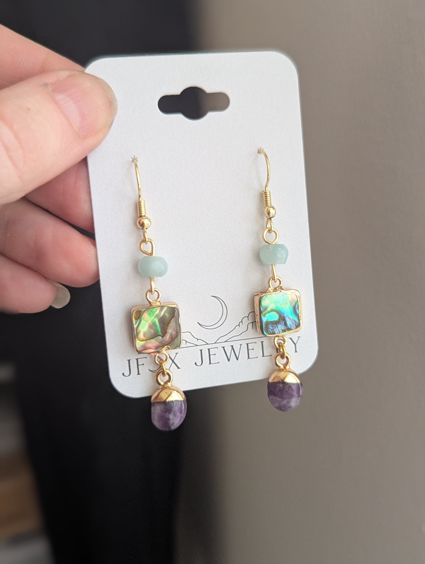 Aquamarine, Abalone, Amethyst Trio Earrings