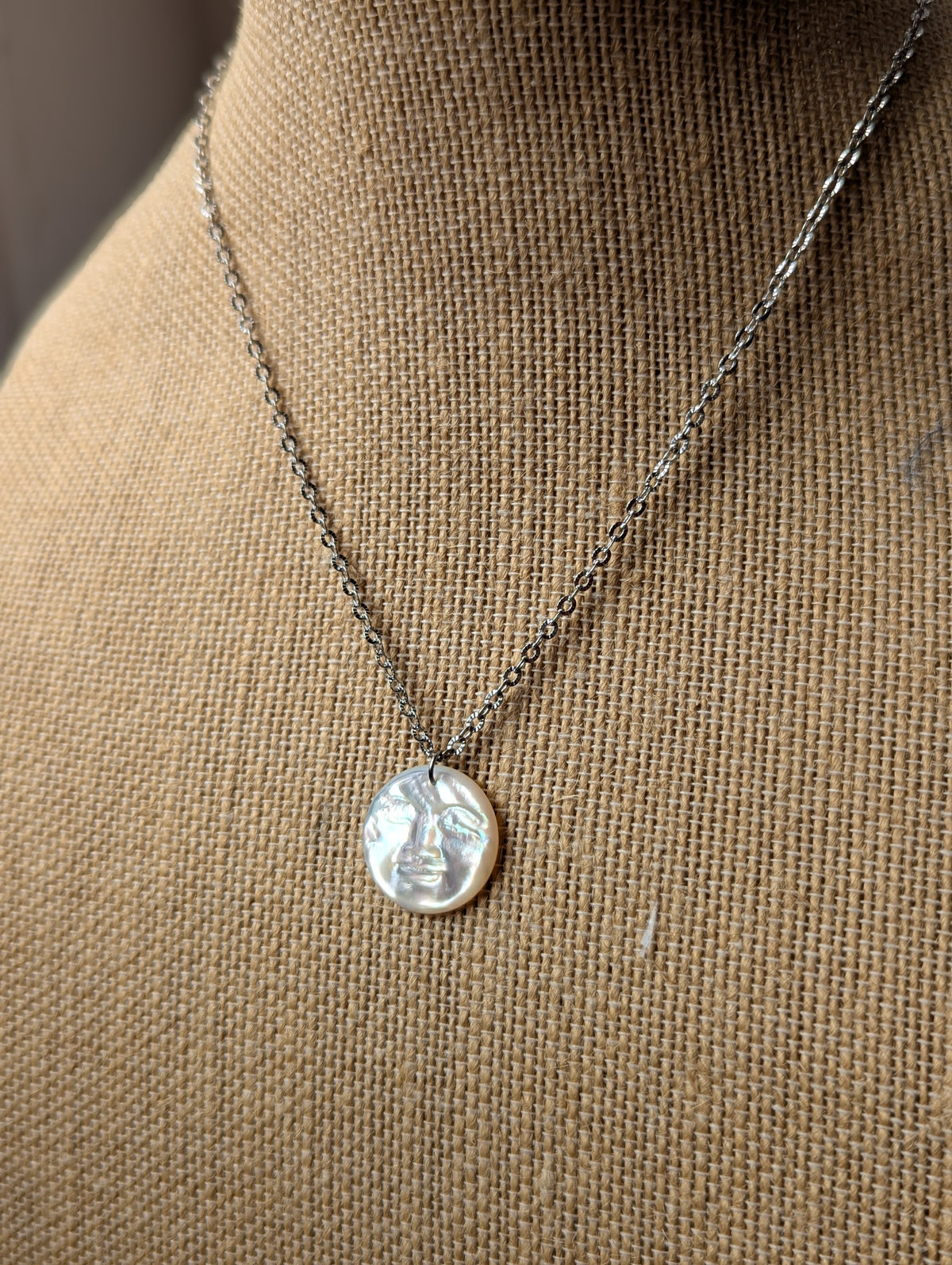 Carved Mother of Pearl Full Moon Necklace (Gold or Silver)
