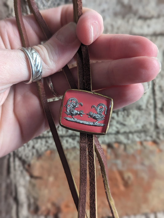 Vintage Rooster Suede Leather Bolo Tie