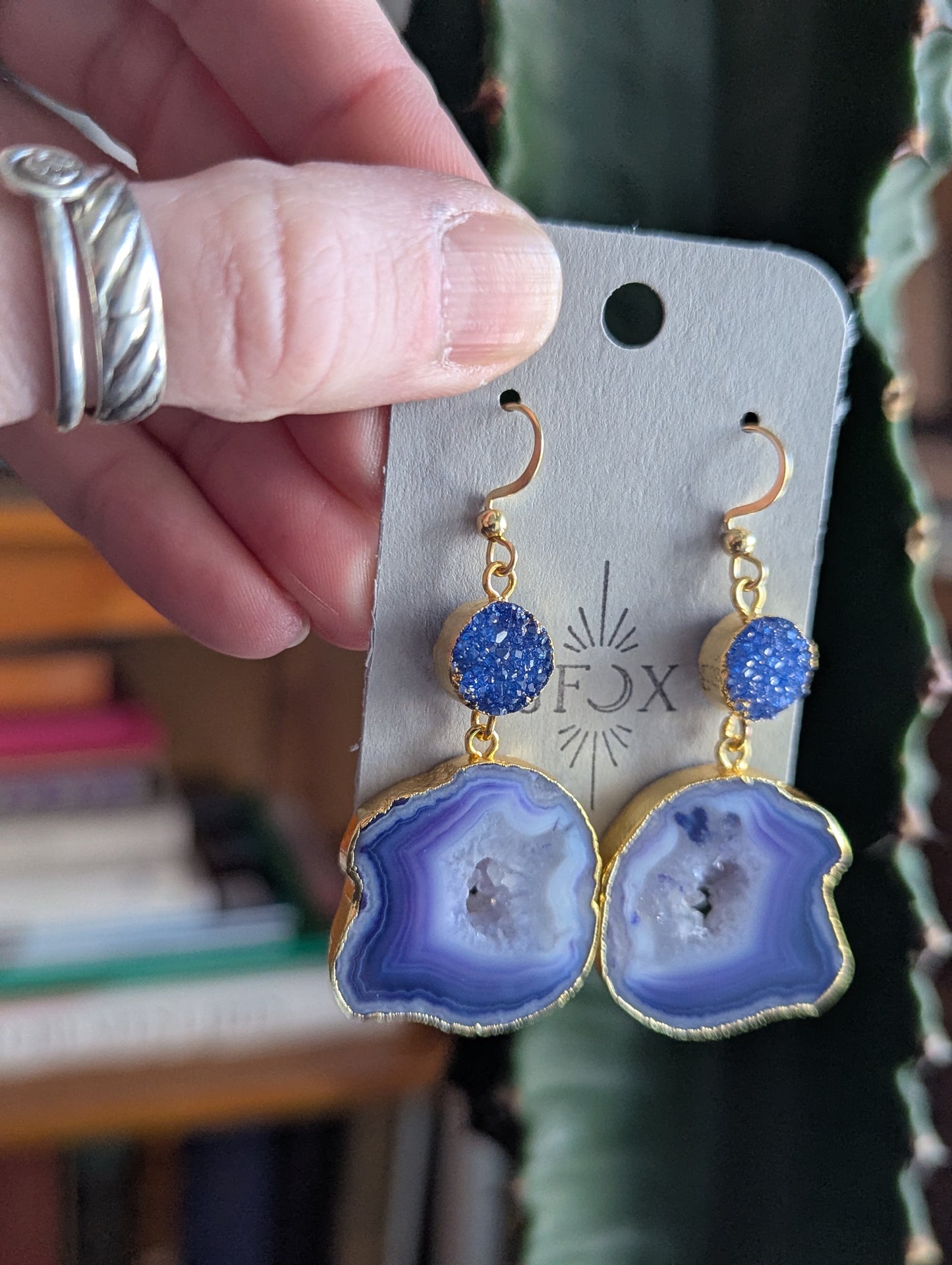 Blue Druzy and Agate Gold Earrings