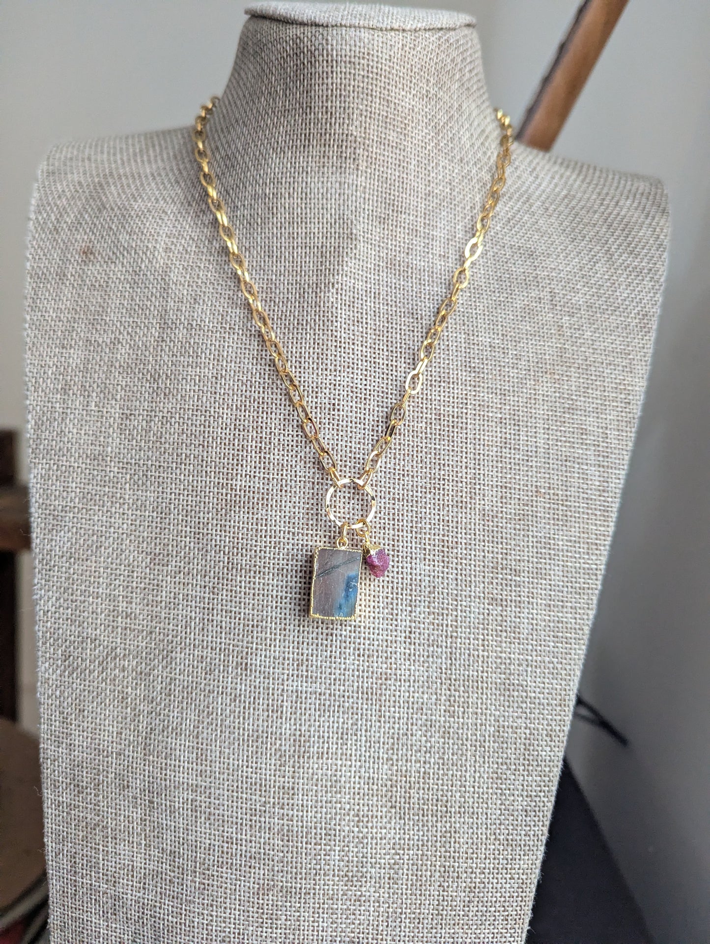 Labradorite and Pink Tourmaline Gold Necklace