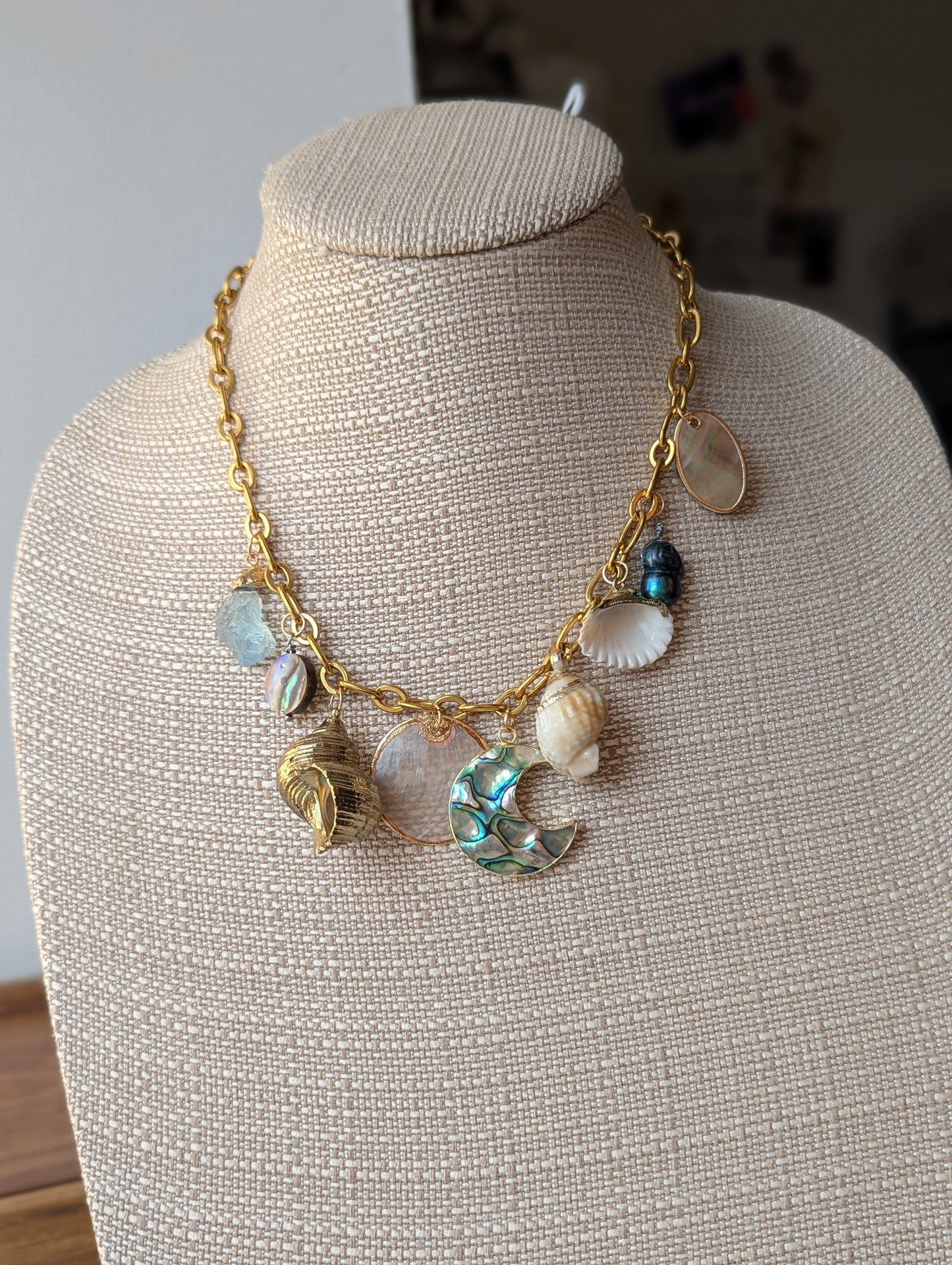 Moon Mermaid Shell Beachy Vibes Gold Charm Necklace
