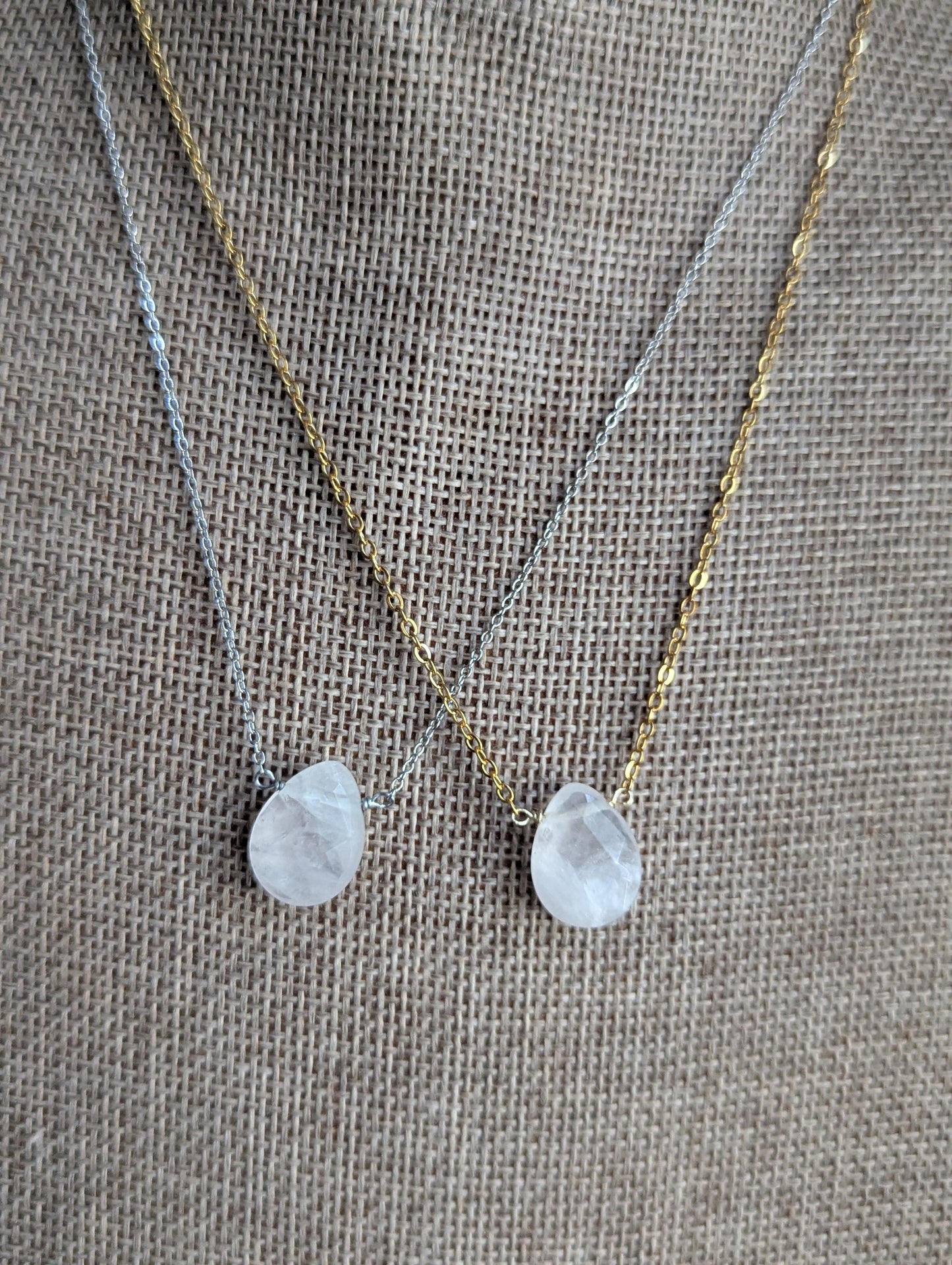 Faceted Rose Quartz Tear Drop Pendant on Stainless Steel (silver or gold)