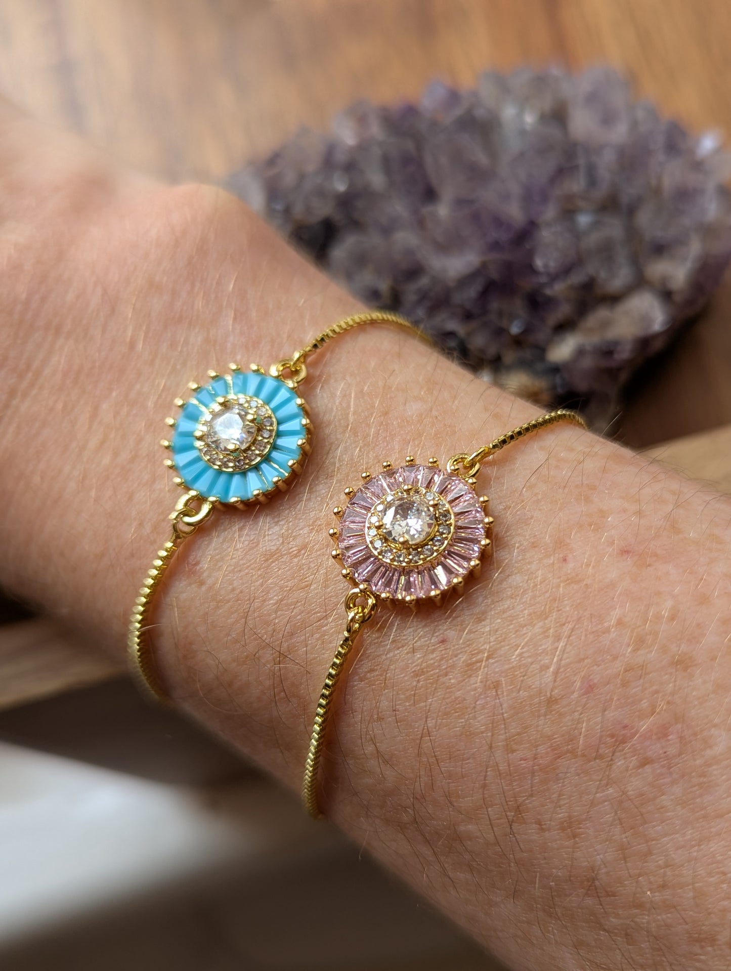 Crystal Flower Gold Slider Bracelet (Various Colors Available)