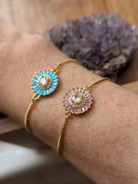 Crystal Flower Gold Slider Bracelet (Various Colors Available)