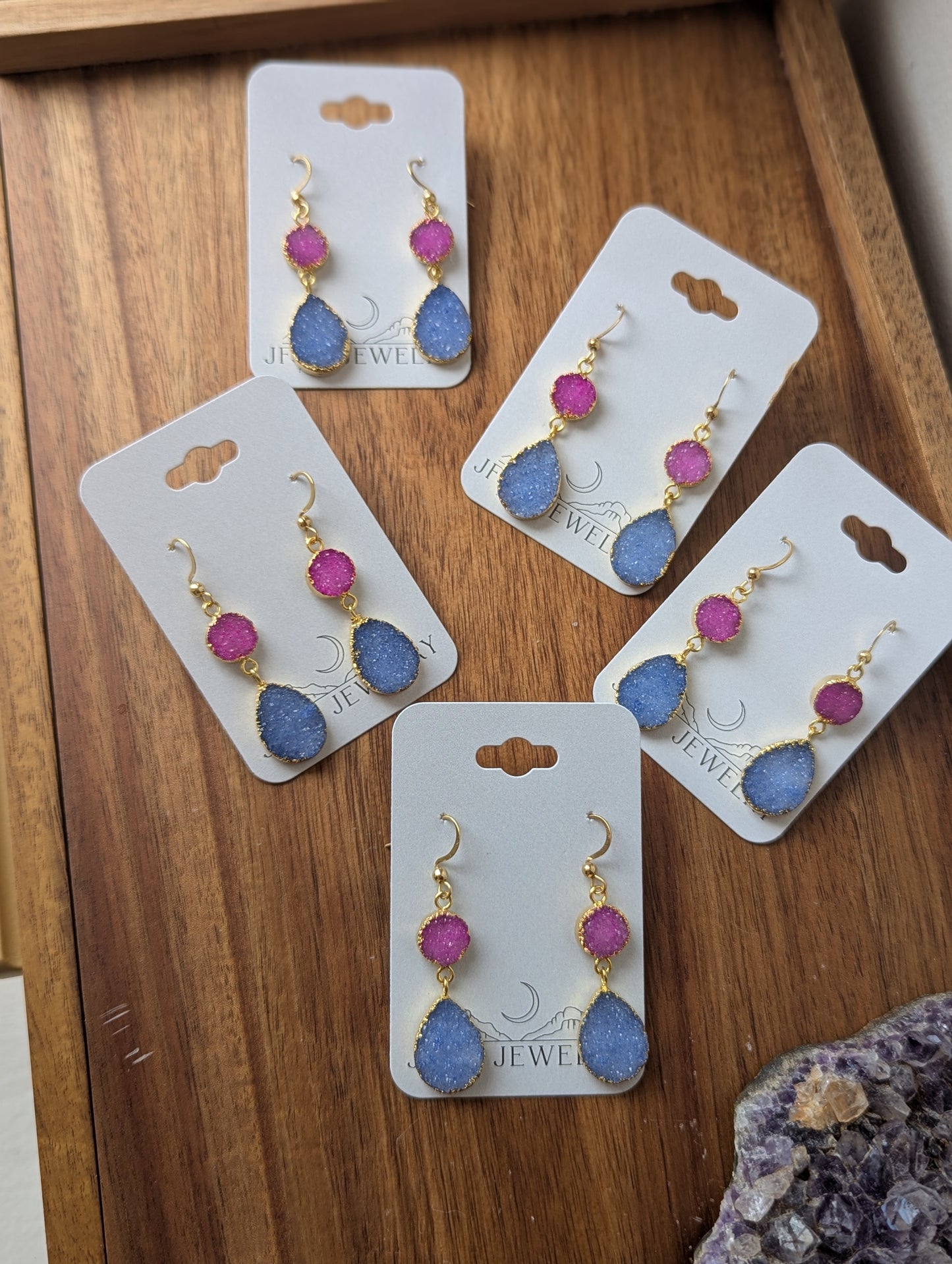 Pink and Purple Druzy Duo Gold Earrings