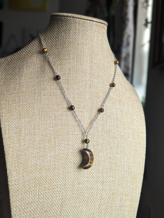 Tigers Eye Crescent Moon on Stainless Necklace