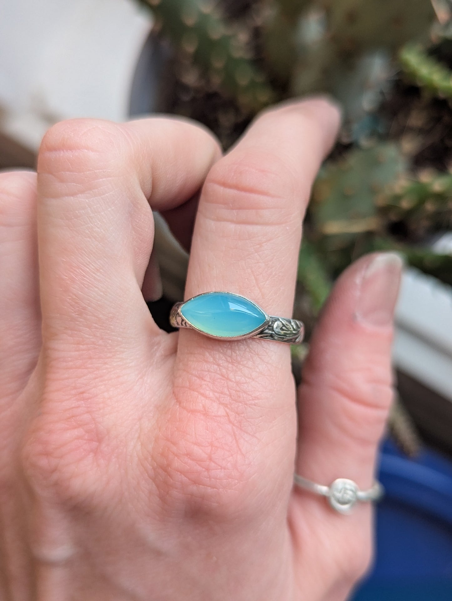 Aqua Chalcedony Marquise Sterling Silver Ring - Size 10.5