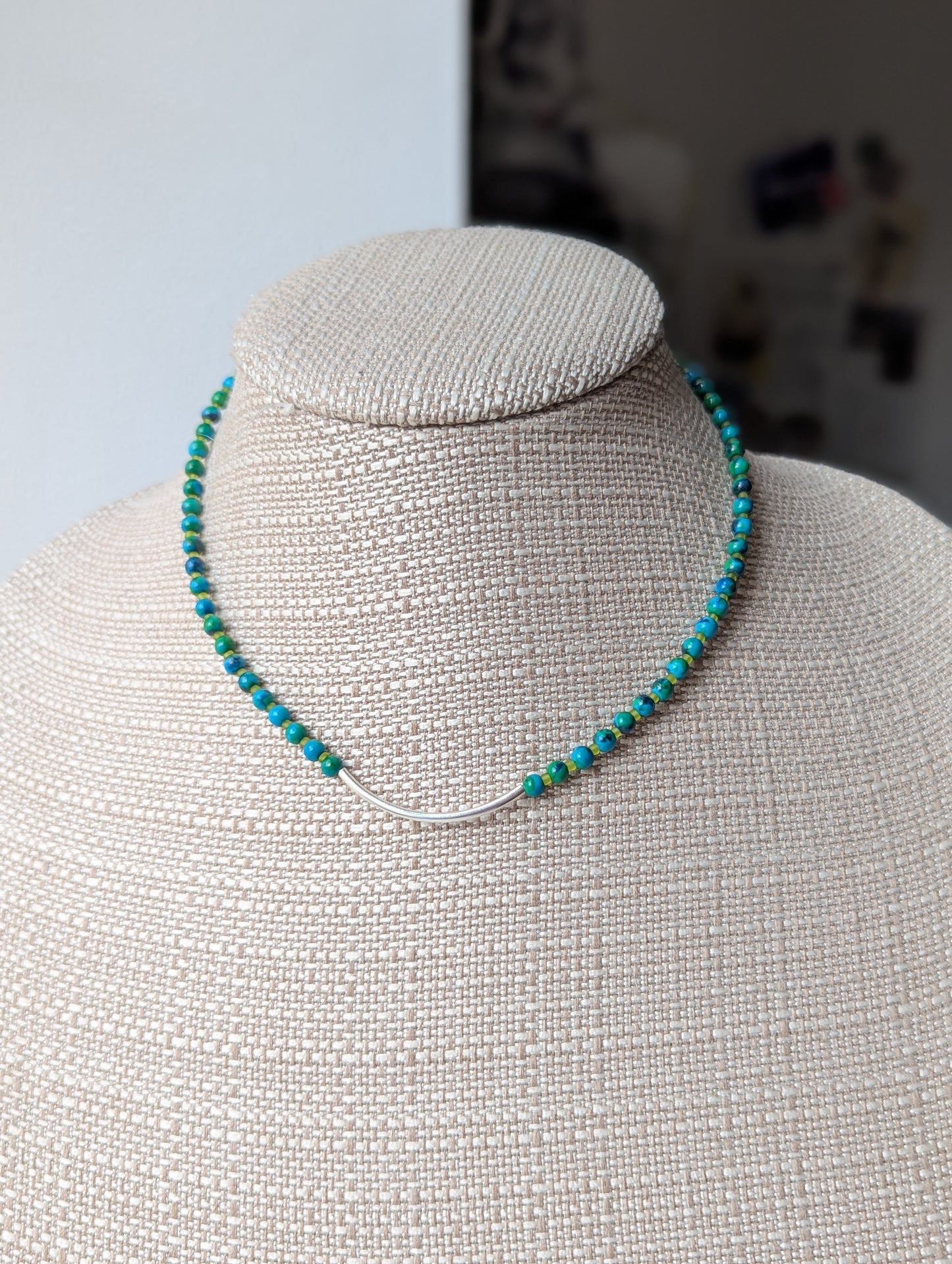 Azurite Chrysocolla Silver Curved Bar Necklace