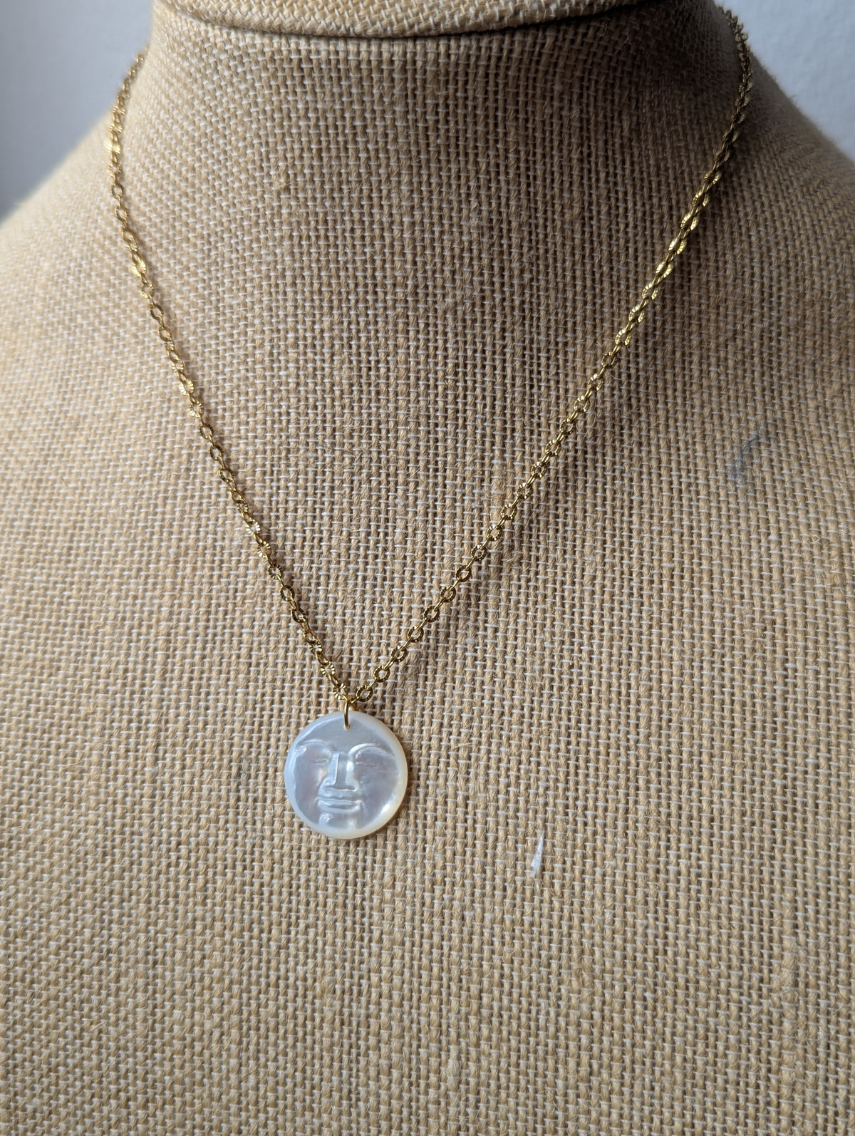 Carved Mother of Pearl Full Moon Necklace (Gold or Silver)