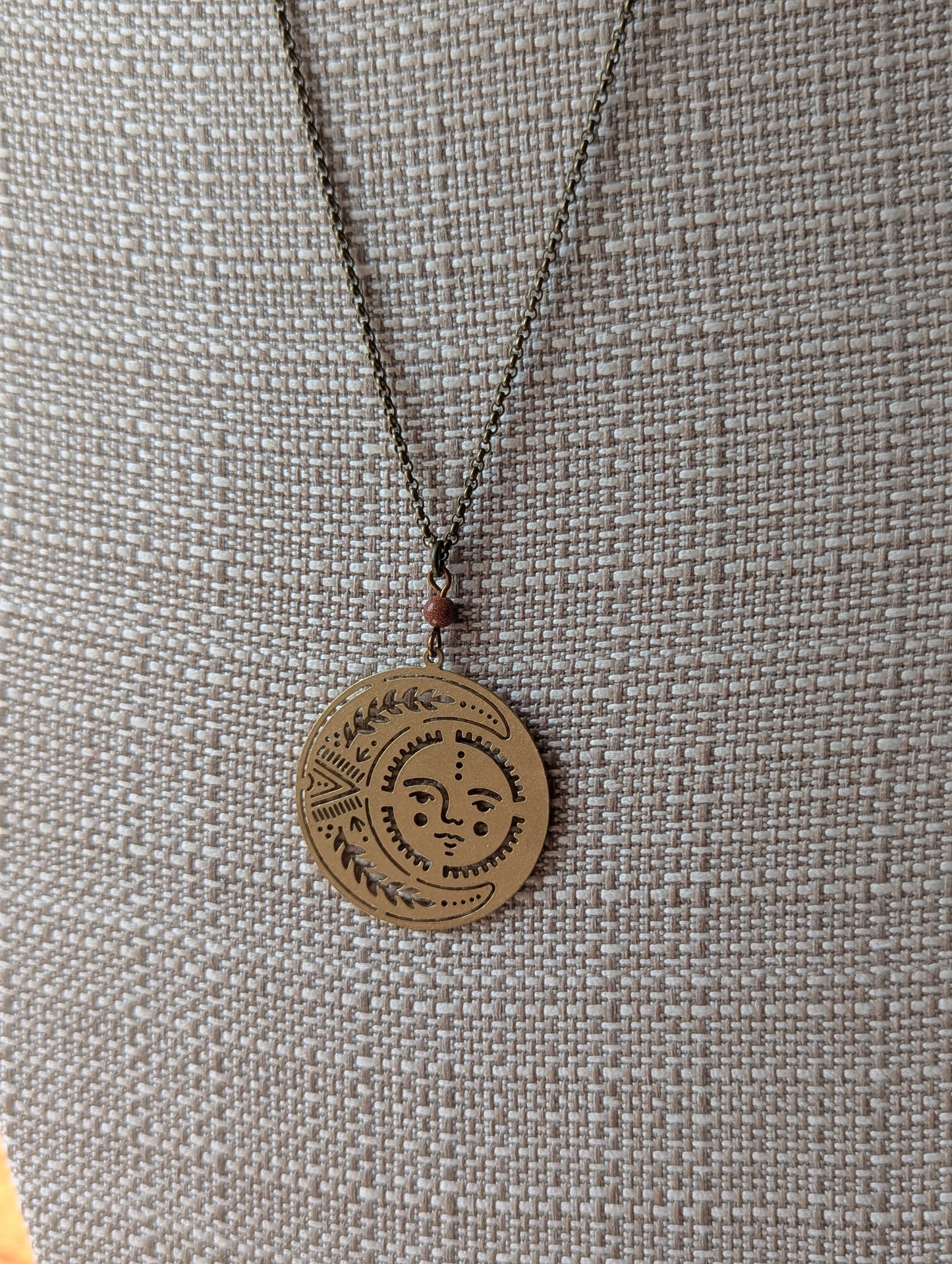 Brass Sun and Moon Red Goldstone Long Necklace