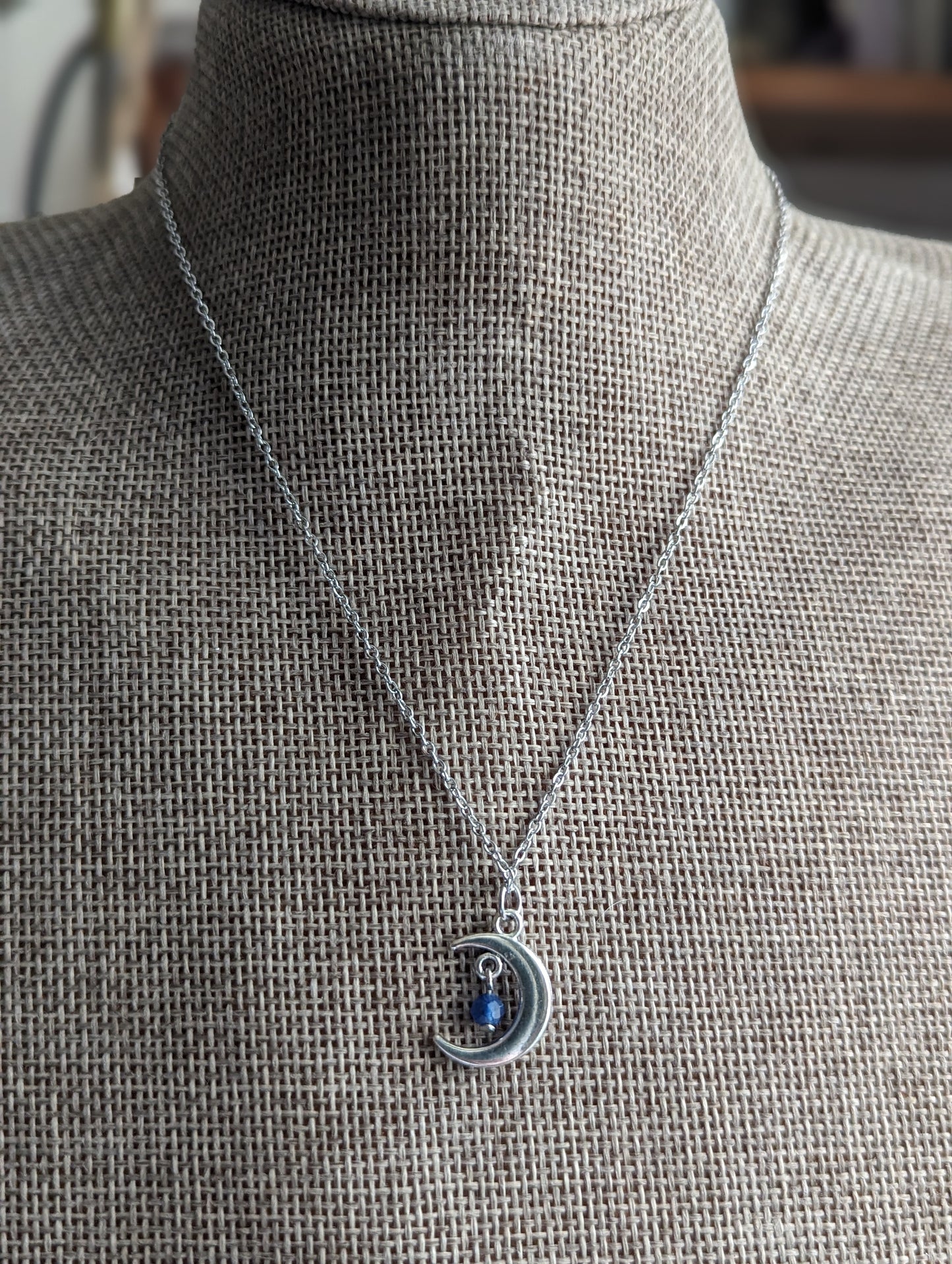 Blue Kyanite Silver Crescent Moon Necklace