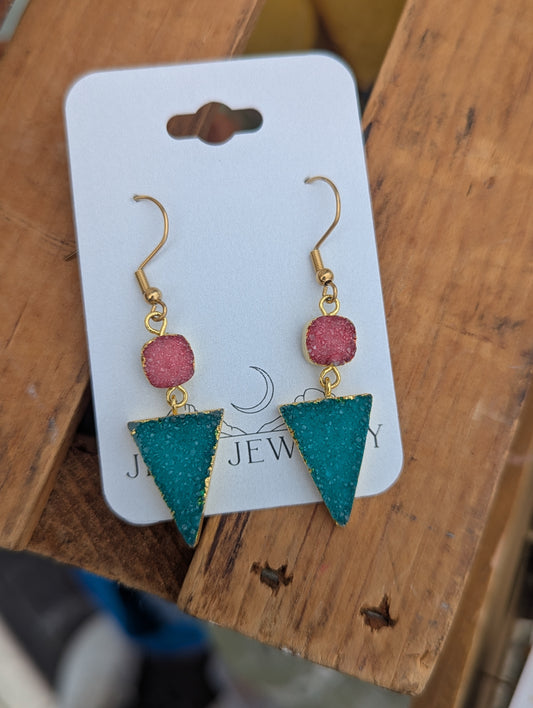 Pink and Teal Druzy Duo Gold Earrings