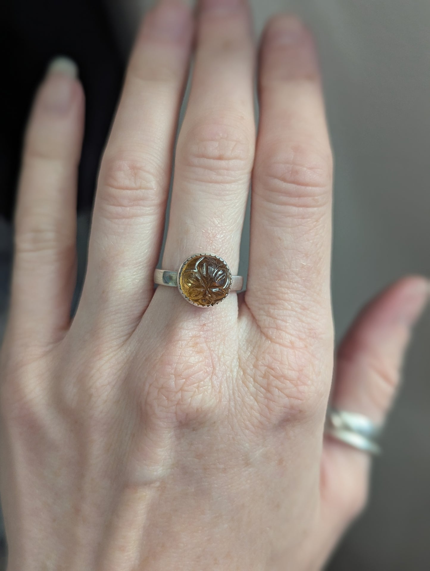 Citrine Carved Floral Silver Ring - Size 5.5